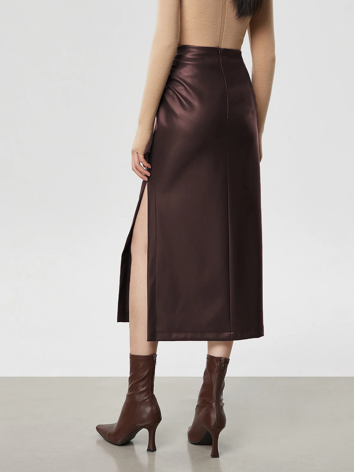 Faux Leather Ruched Slit Midi Skirt - Image 8