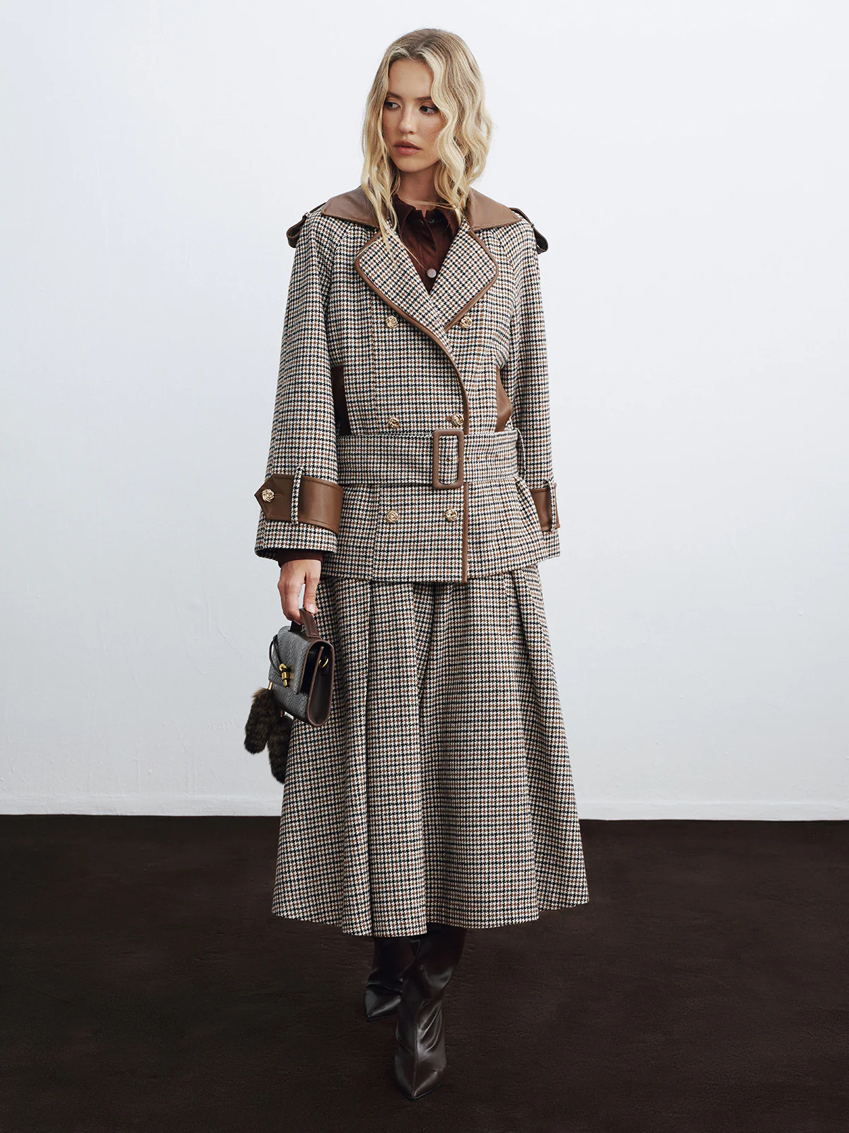 Faux Leather Trim Belted Houndstooth Coat - Image 3