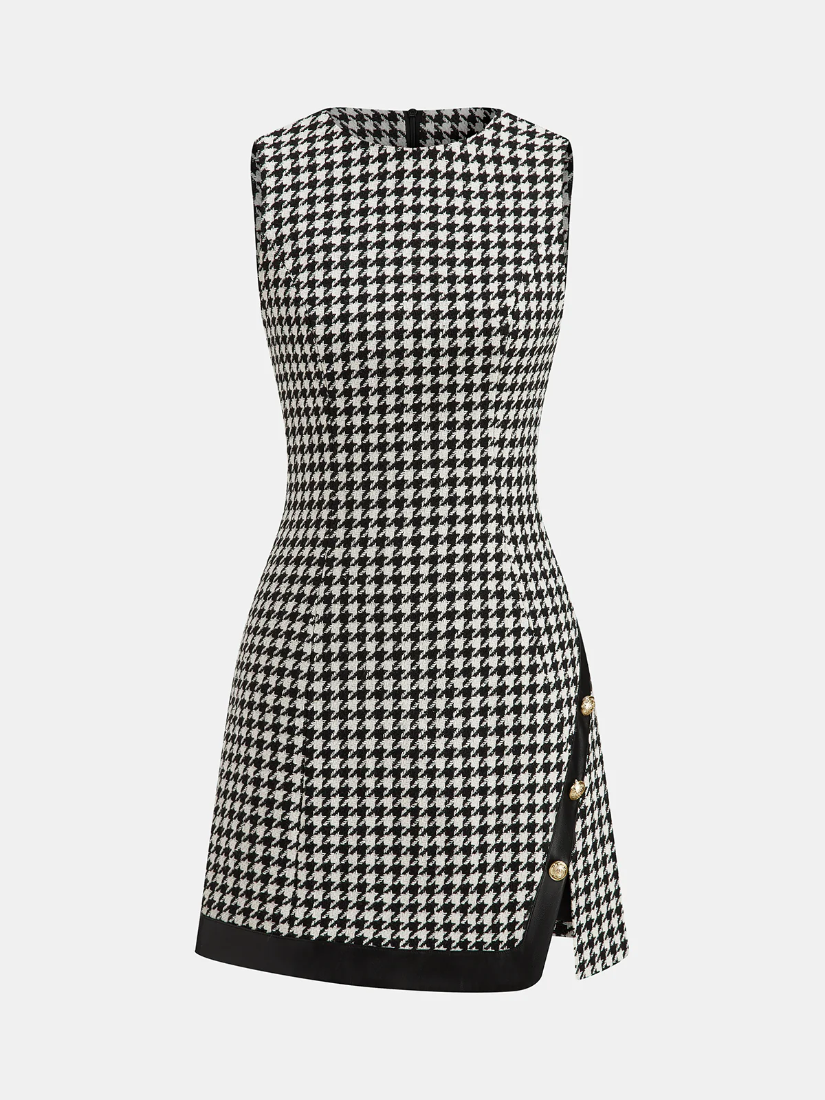Faux Leather Trim Houndstooth Sleeveless Dress