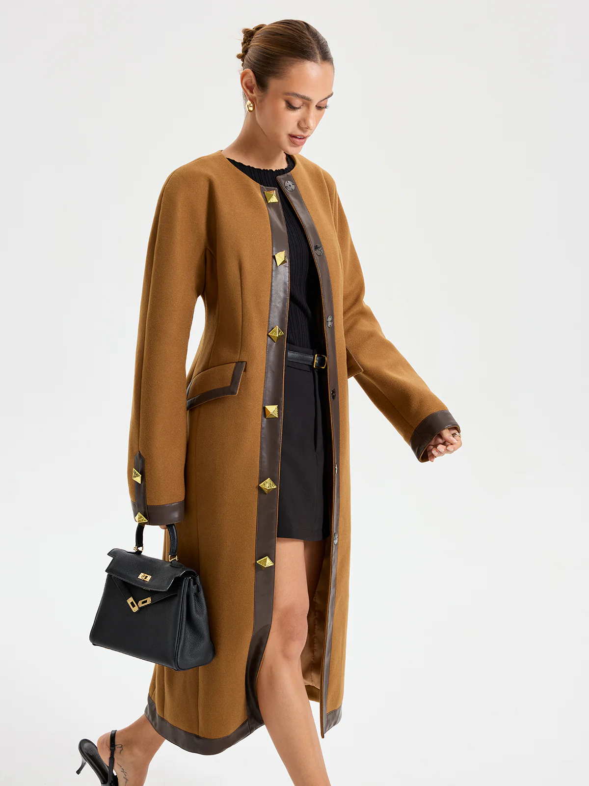 Faux Leather Trim Tweed Long Coat - Image 4