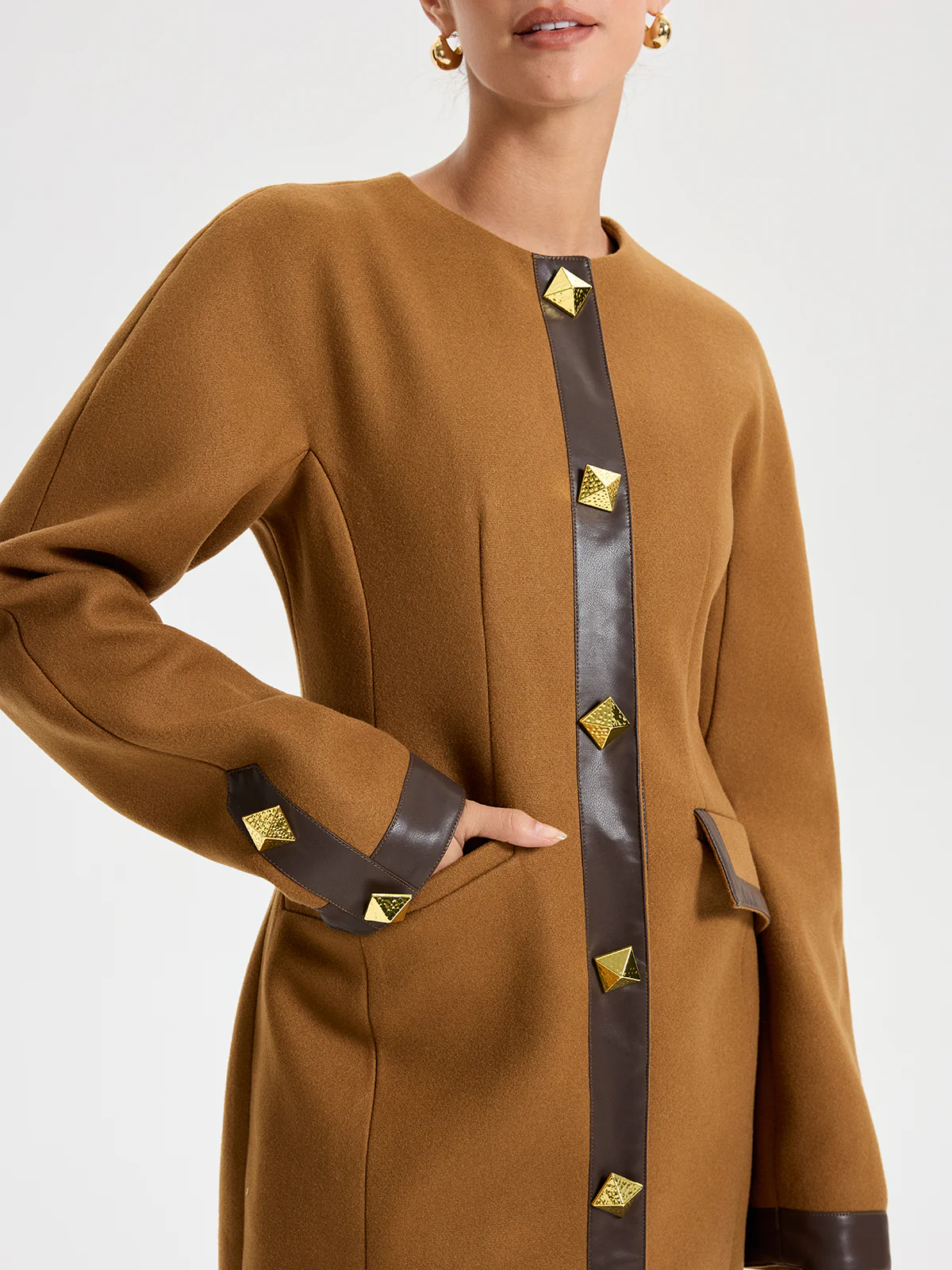Faux Leather Trim Tweed Long Coat - Image 5
