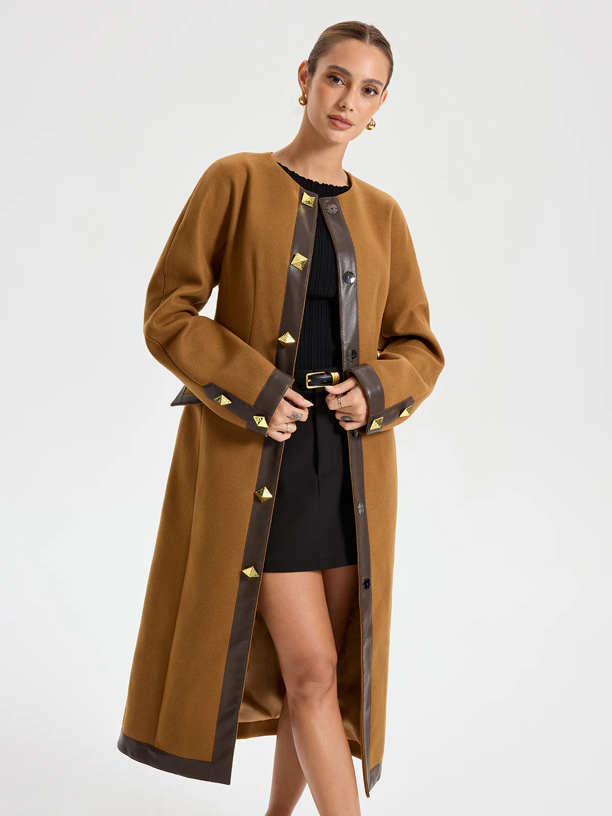 Faux Leather Trim Tweed Long Coat - Image 6