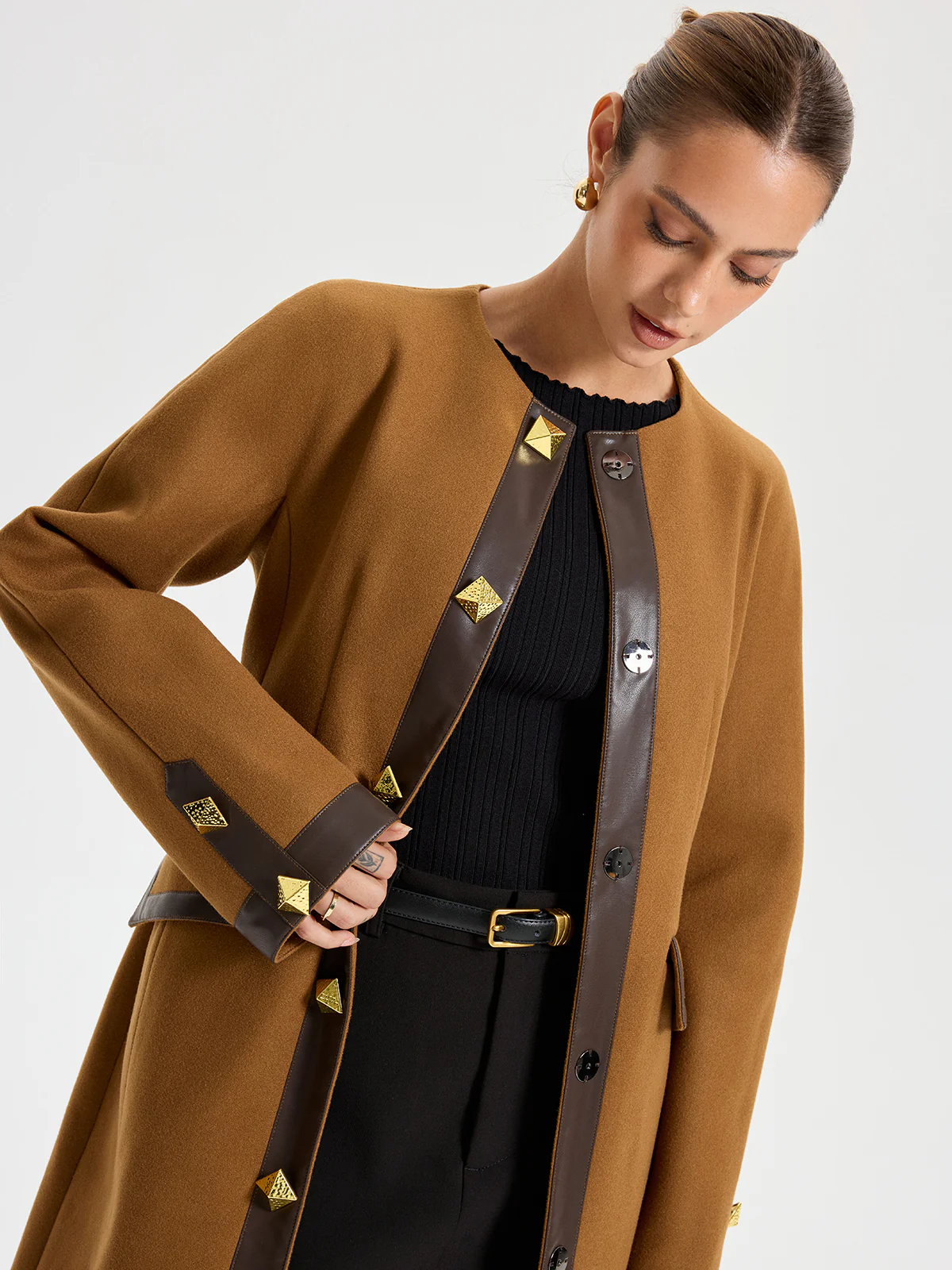 Faux Leather Trim Tweed Long Coat - Image 7