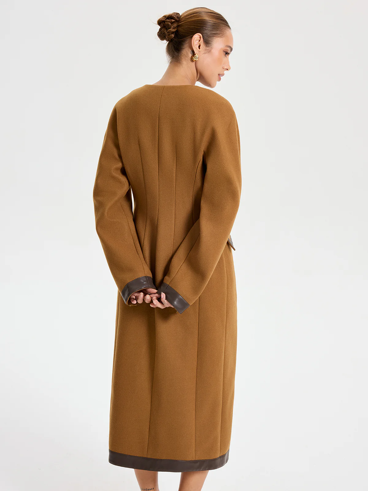 Faux Leather Trim Tweed Long Coat - Image 8