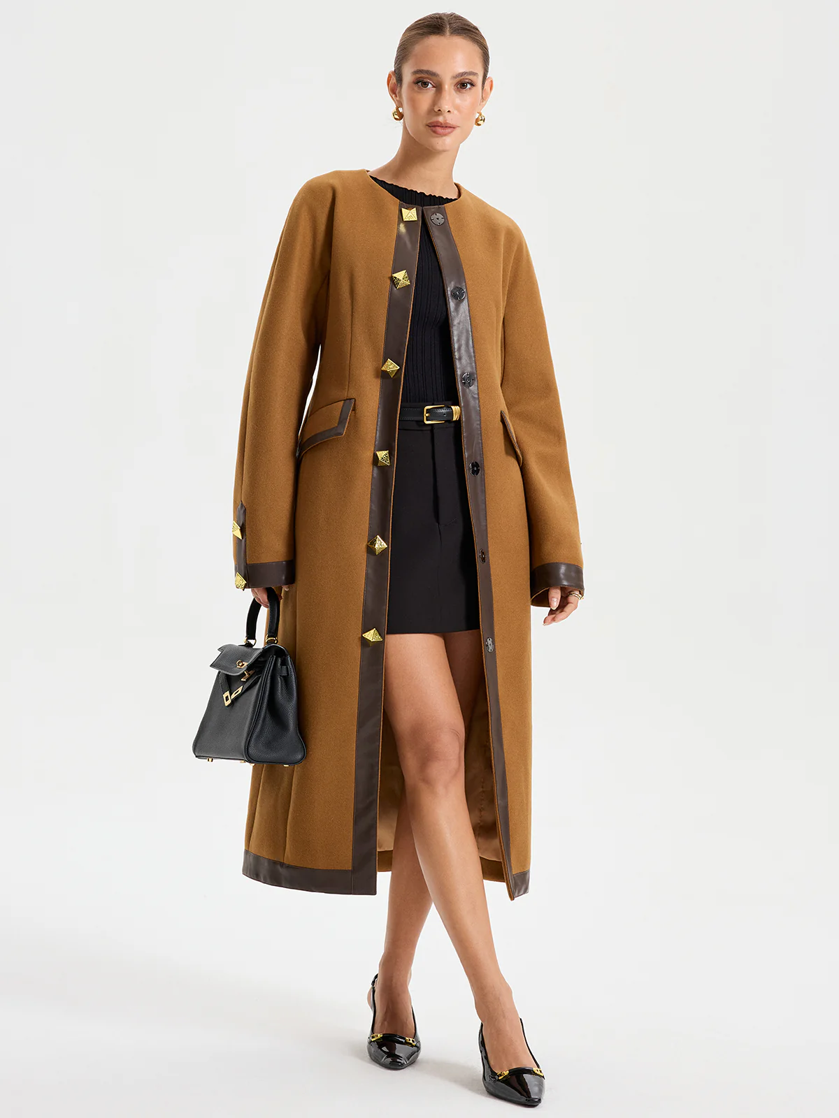 Faux Leather Trim Tweed Long Coat - Image 9