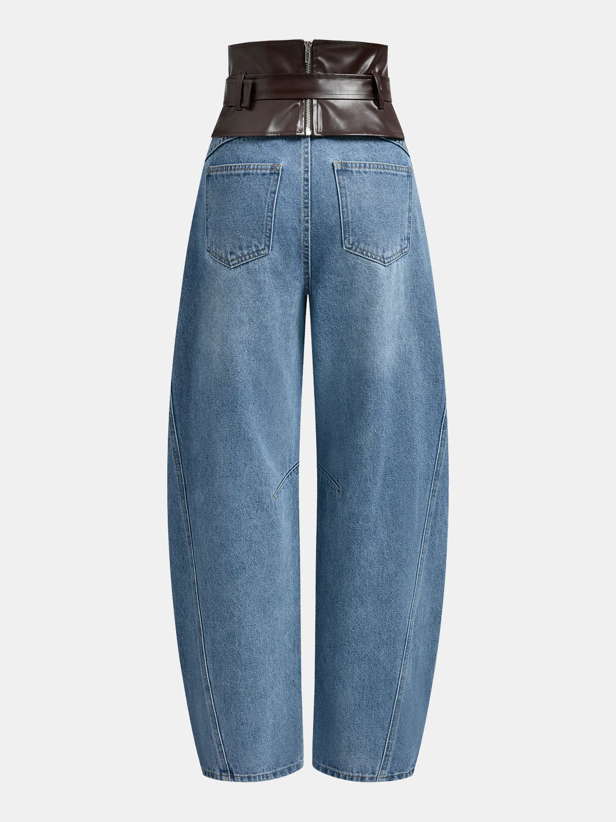 Faux Leather Waistband Denim Curved-Leg Pants - Image 2