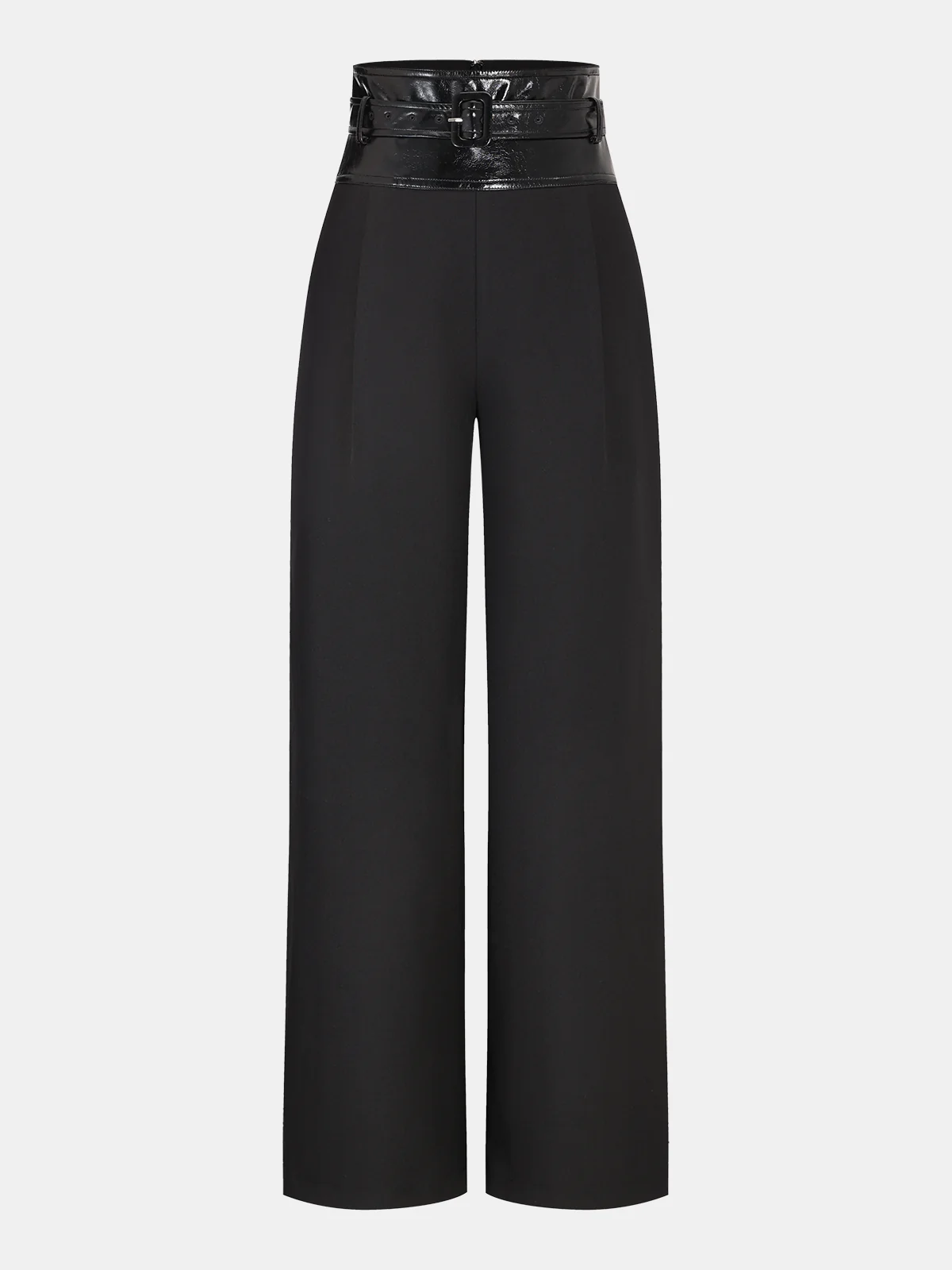 Faux Leather Waistband Wide-Leg Pants with Belt