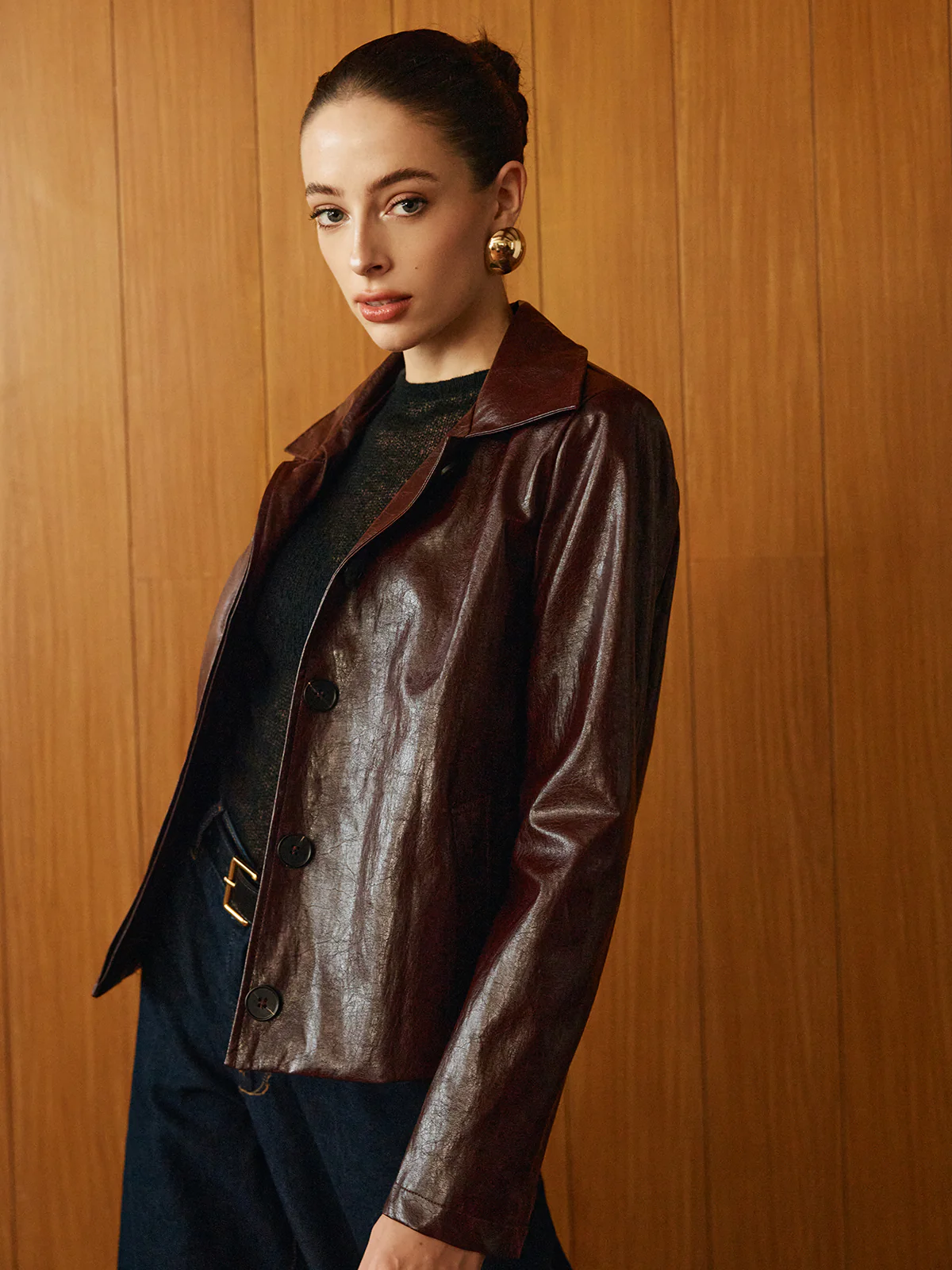 Faux Leather Zipper Short Polo Jacket - Image 6