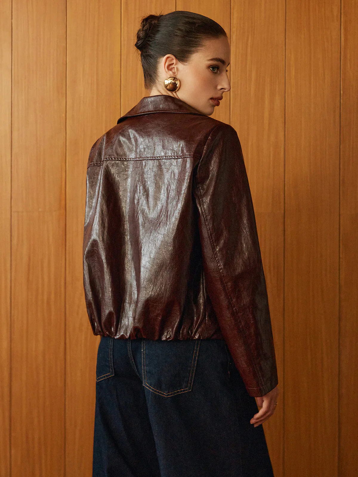 Faux Leather Zipper Short Polo Jacket - Image 8