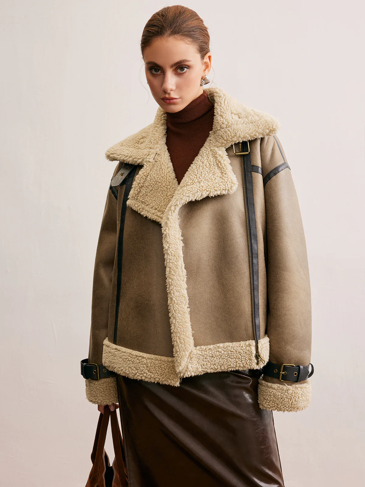 Faux Leather Zipper Teddy Coat - Image 5