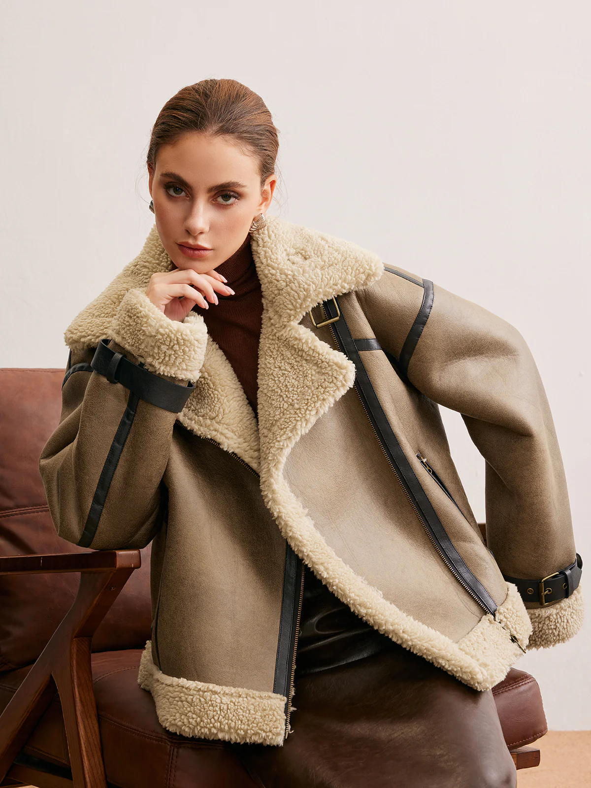 Faux Leather Zipper Teddy Coat - Image 6
