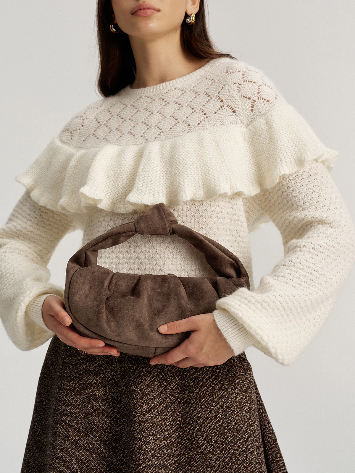 Faux Suede Knotted Top Handle Bag