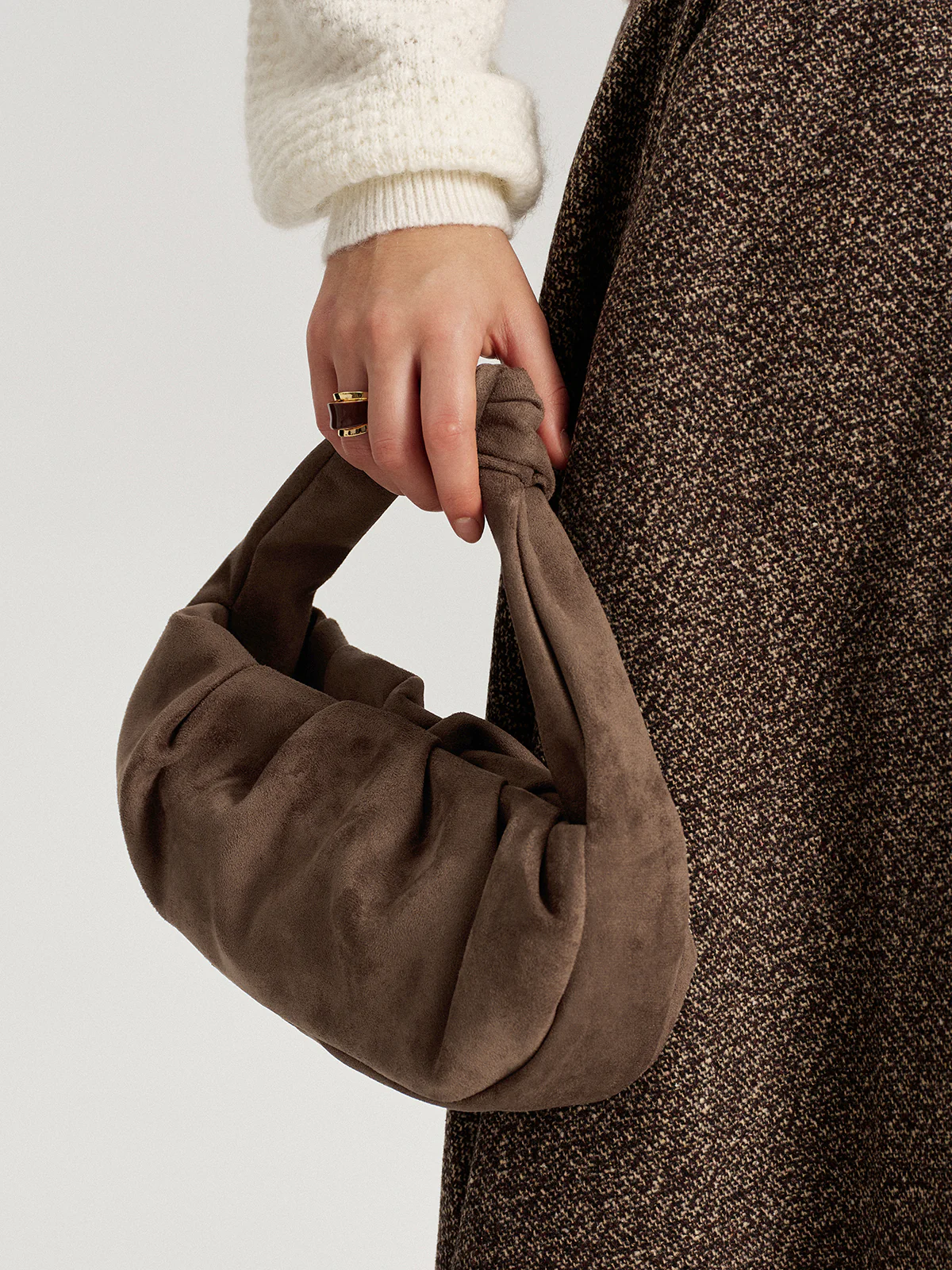 Faux Suede Knotted Top Handle Bag - Image 3
