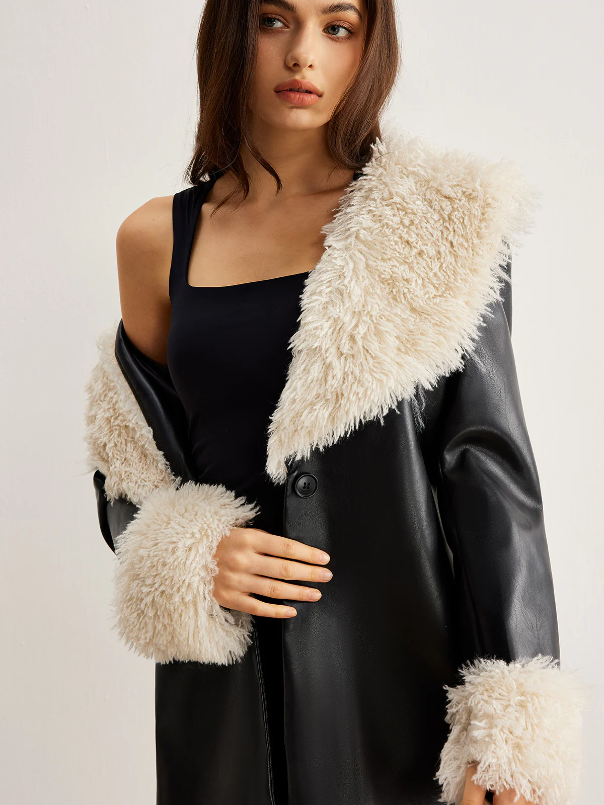 Feather Collar Faux Leather Jacket Without Belt - Image 6
