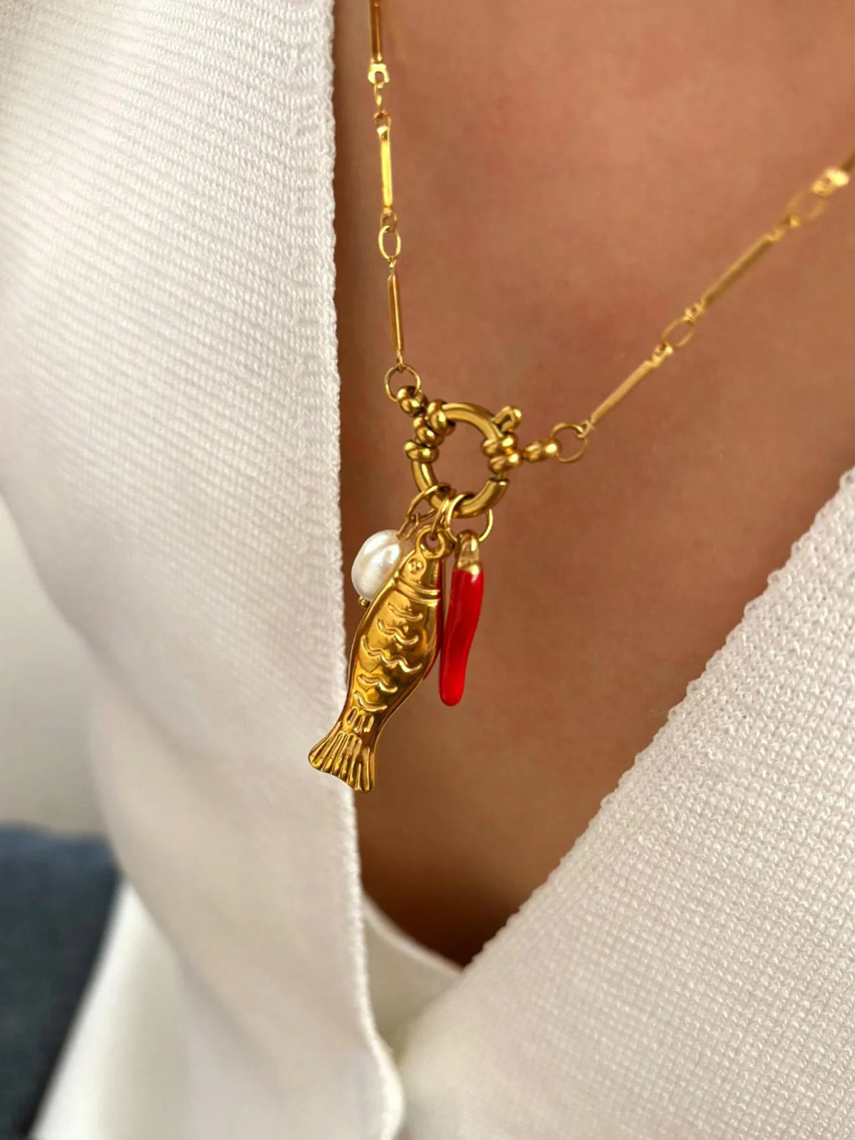 Fish & Chili Pendant Link Chain Necklace - Image 3