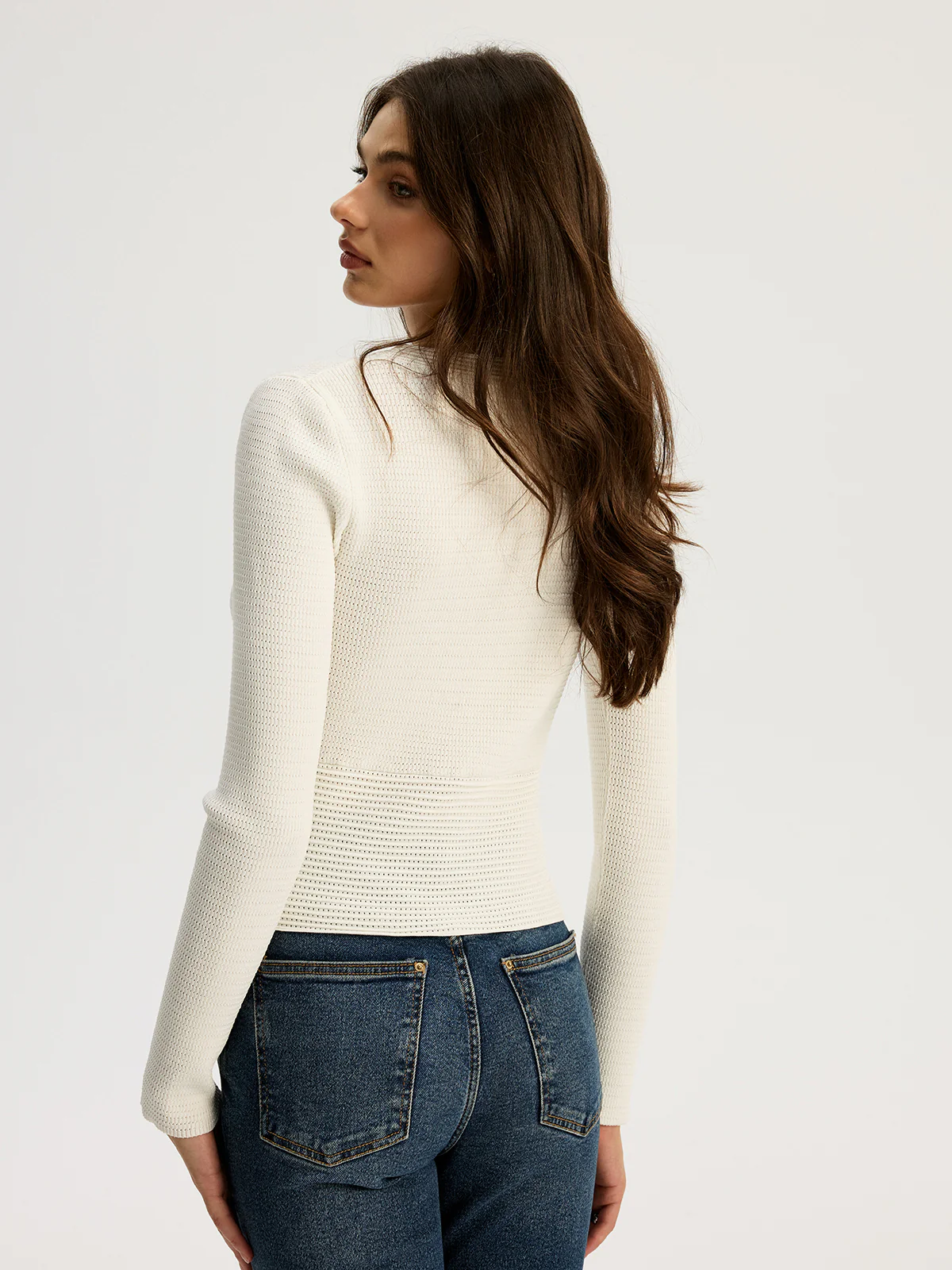 Fitted Long-Sleeve Rib-Knit Top with Metal Button - Image 5