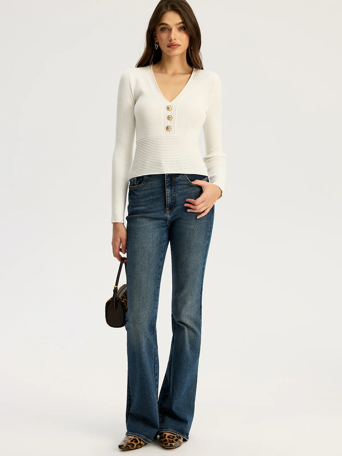 Fitted Long-Sleeve Rib-Knit Top with Metal Button - Image 6