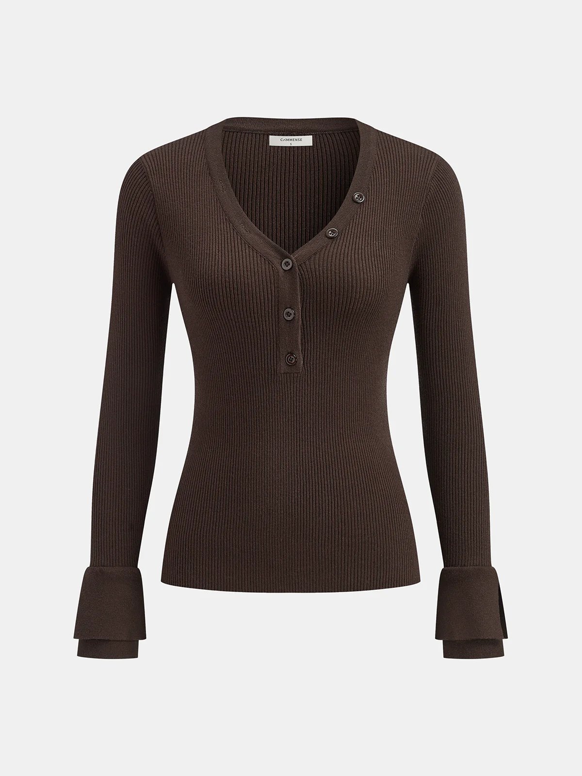 Flared Cuff Ribbed Knit Henley Top