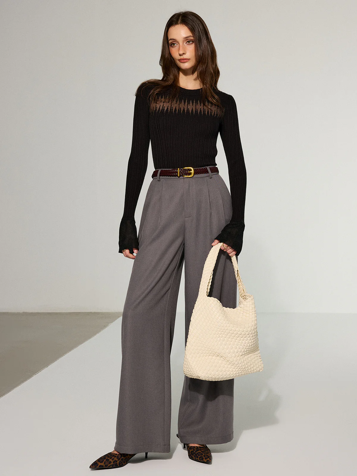Flared Cuff Sheer Panel Knit Top - Image 4