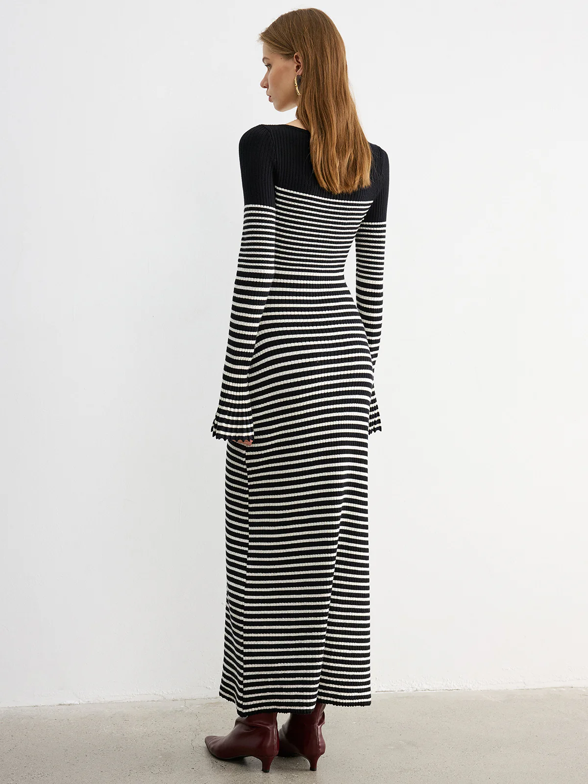 Flared Sleeve Color-Block Striped Knit Maxi Dress - Image 6