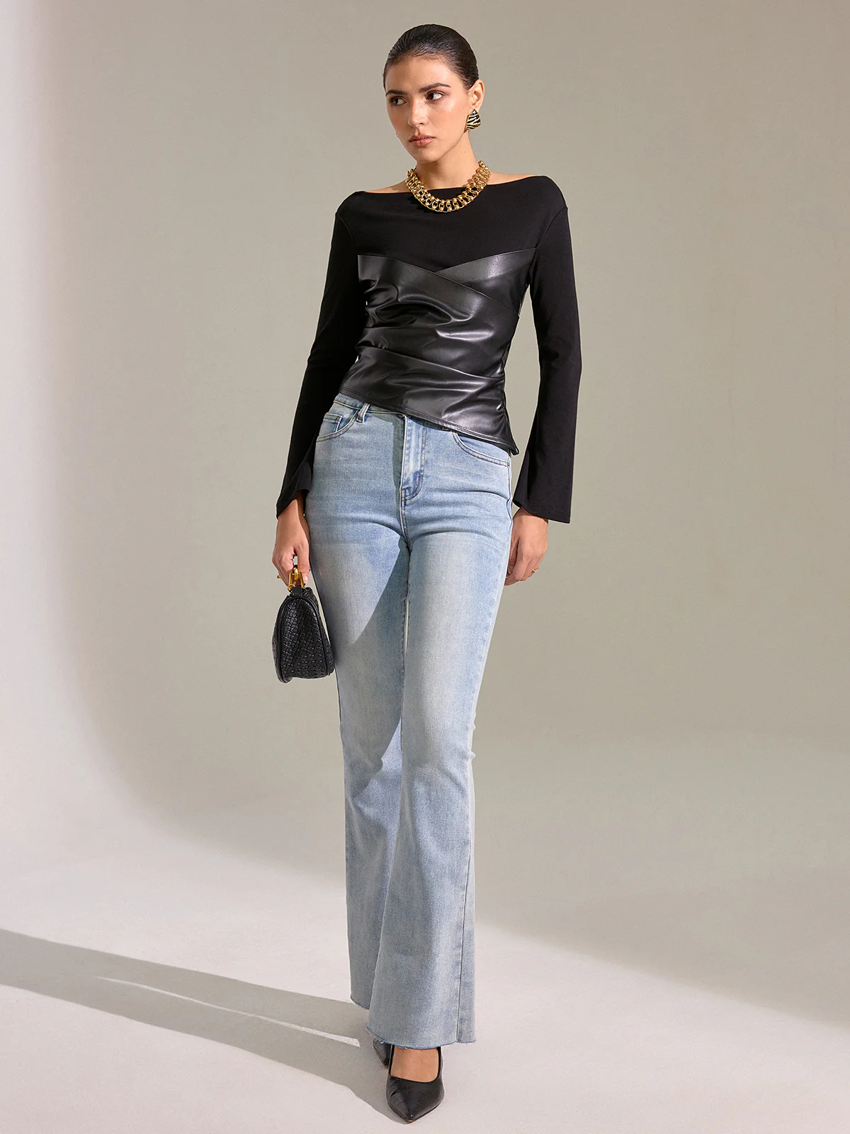 Flared Sleeve Faux Leather Panel Knit Top - Image 3