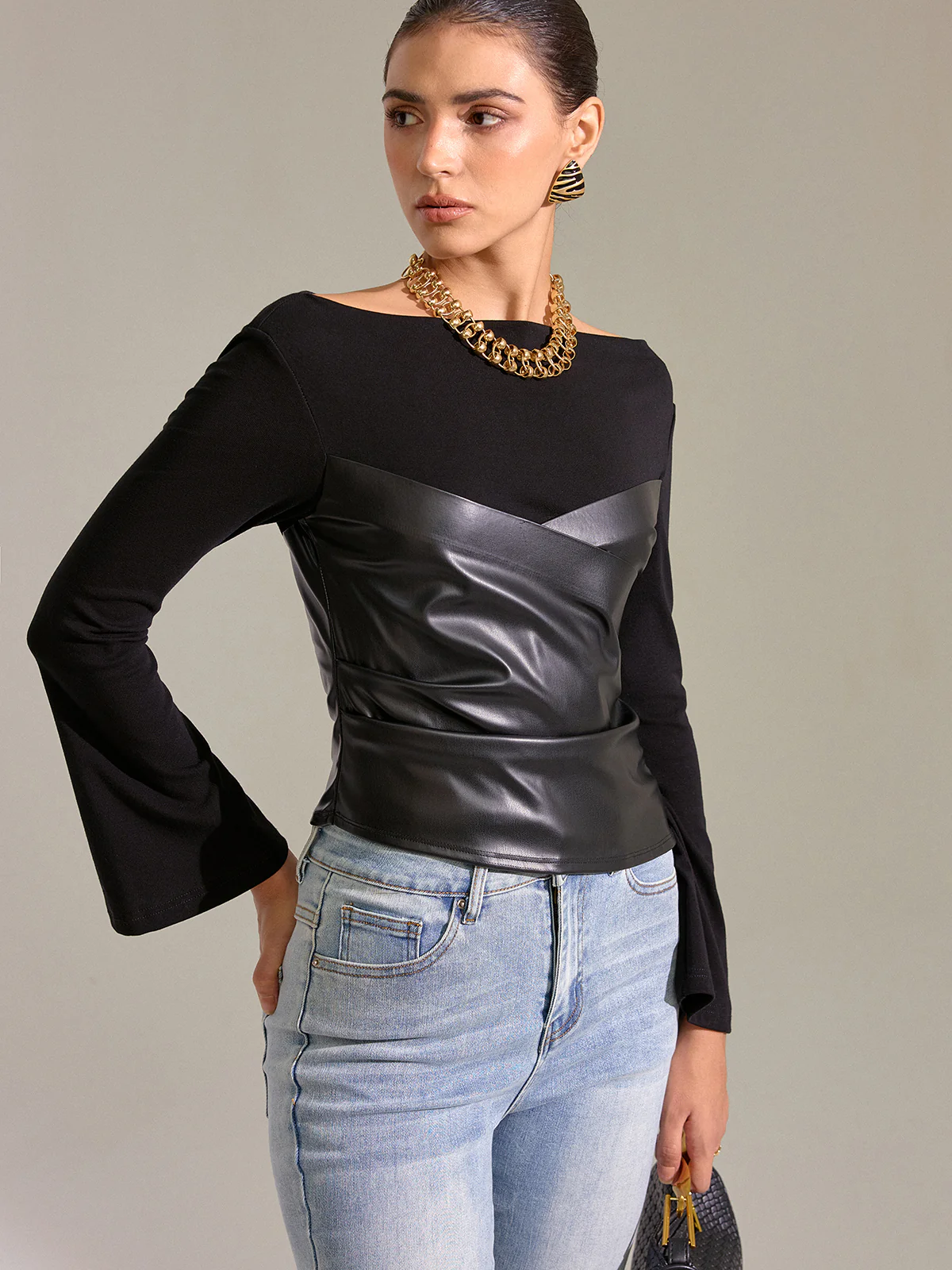 Flared Sleeve Faux Leather Panel Knit Top - Image 4