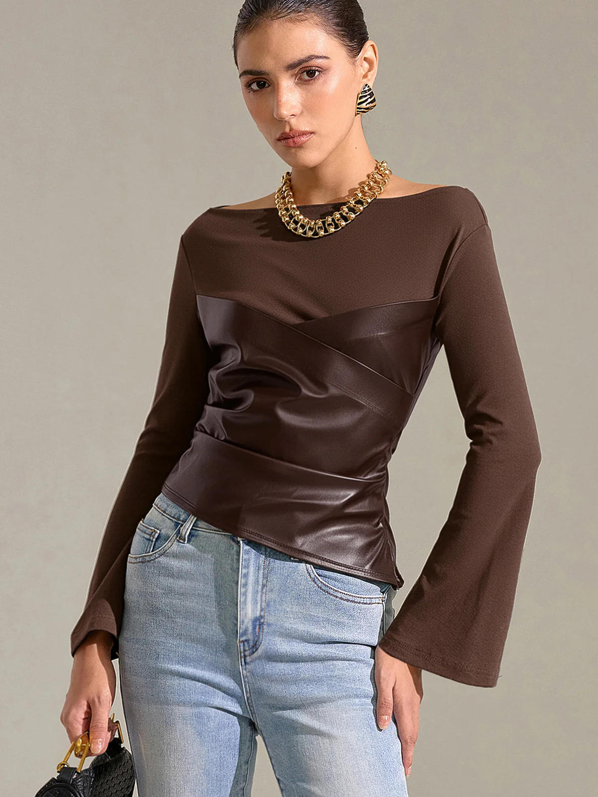 Flared Sleeve Faux Leather Panel Knit Top - Image 7