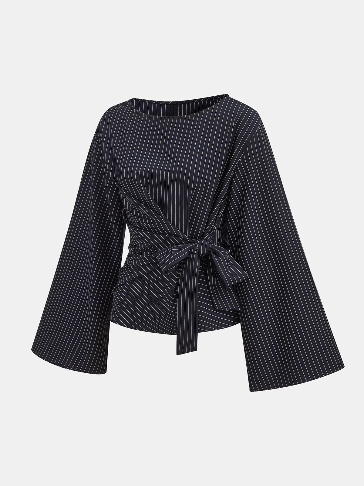 Flared Sleeve Pinstripe Wrap Blouse - Image 2
