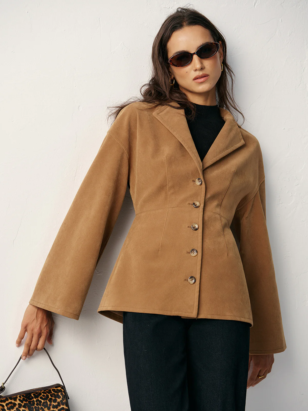 Flared Sleeve Suede Effect Blazer - Image 3