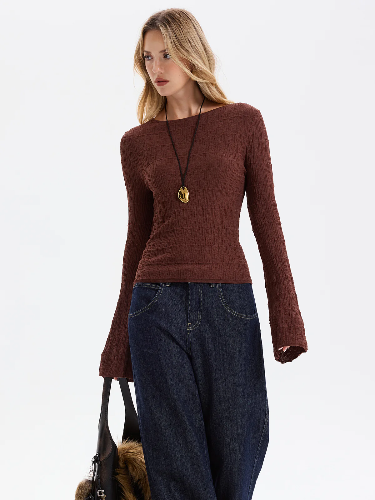 Flared Sleeve Textured Knit Pullover Top