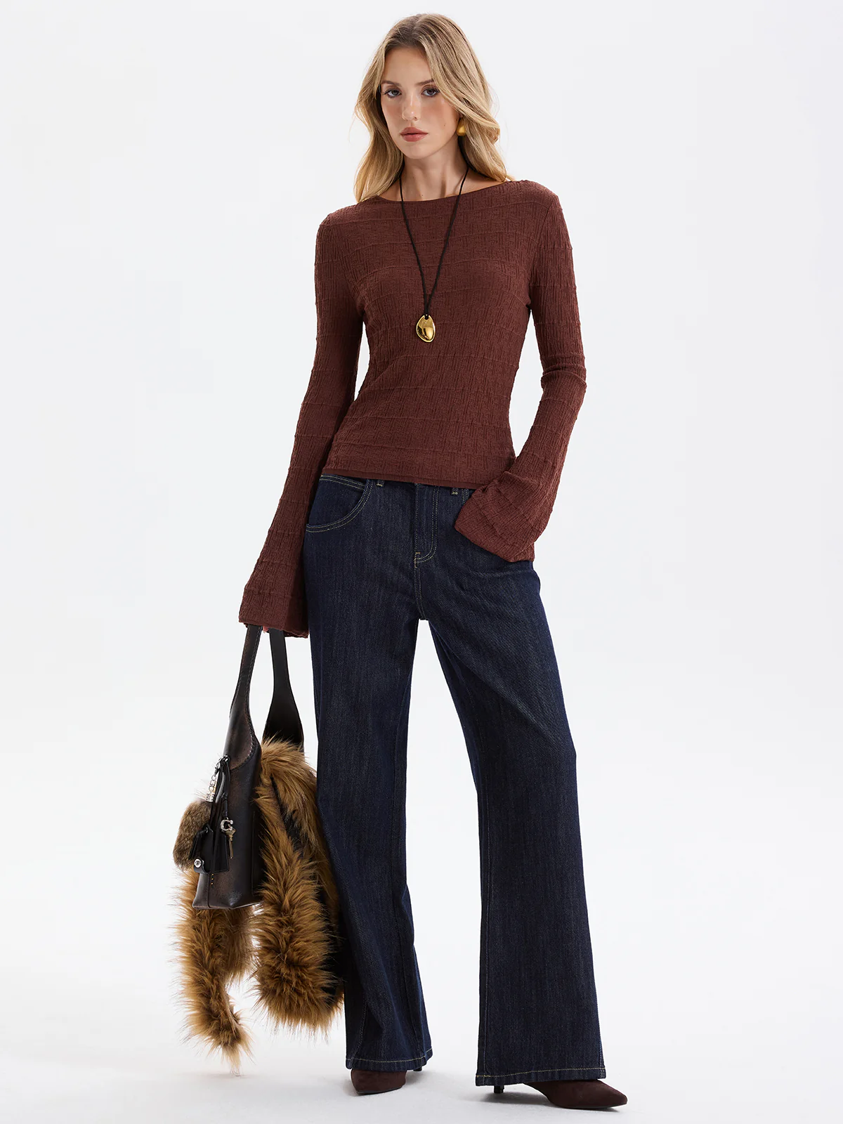 Flared Sleeve Textured Knit Pullover Top - Image 2