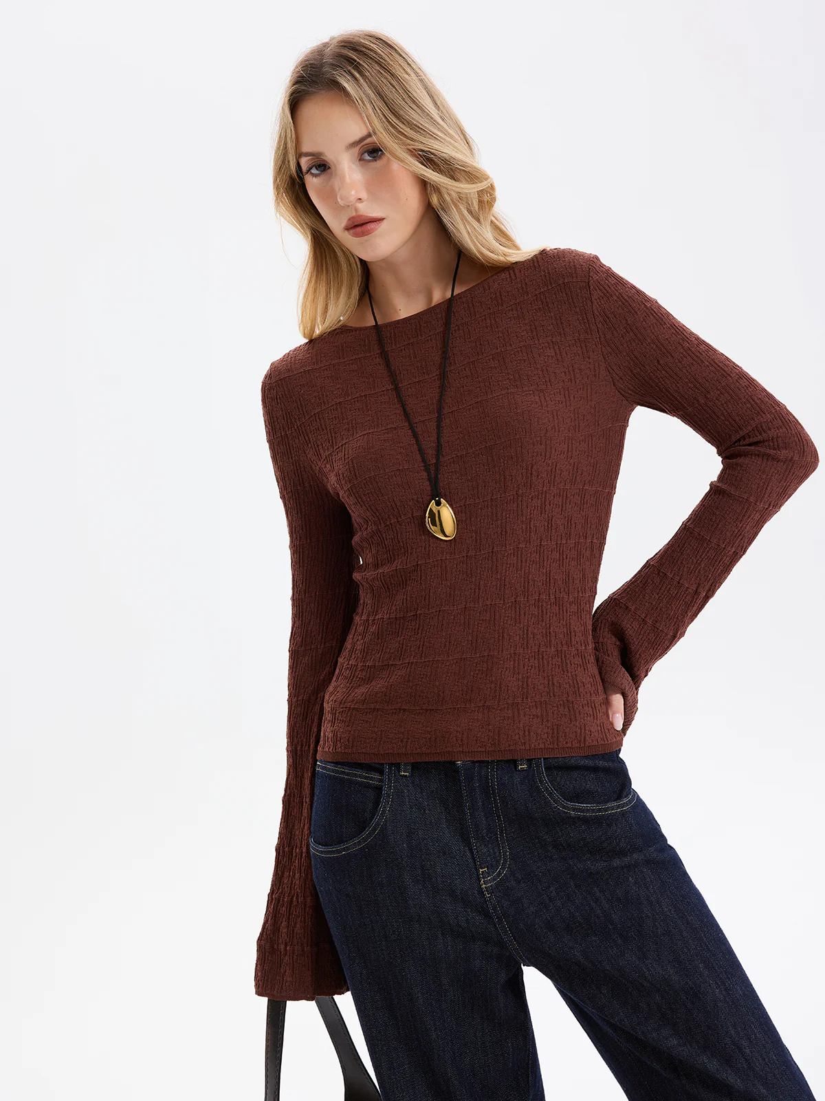 Flared Sleeve Textured Knit Pullover Top - Image 3