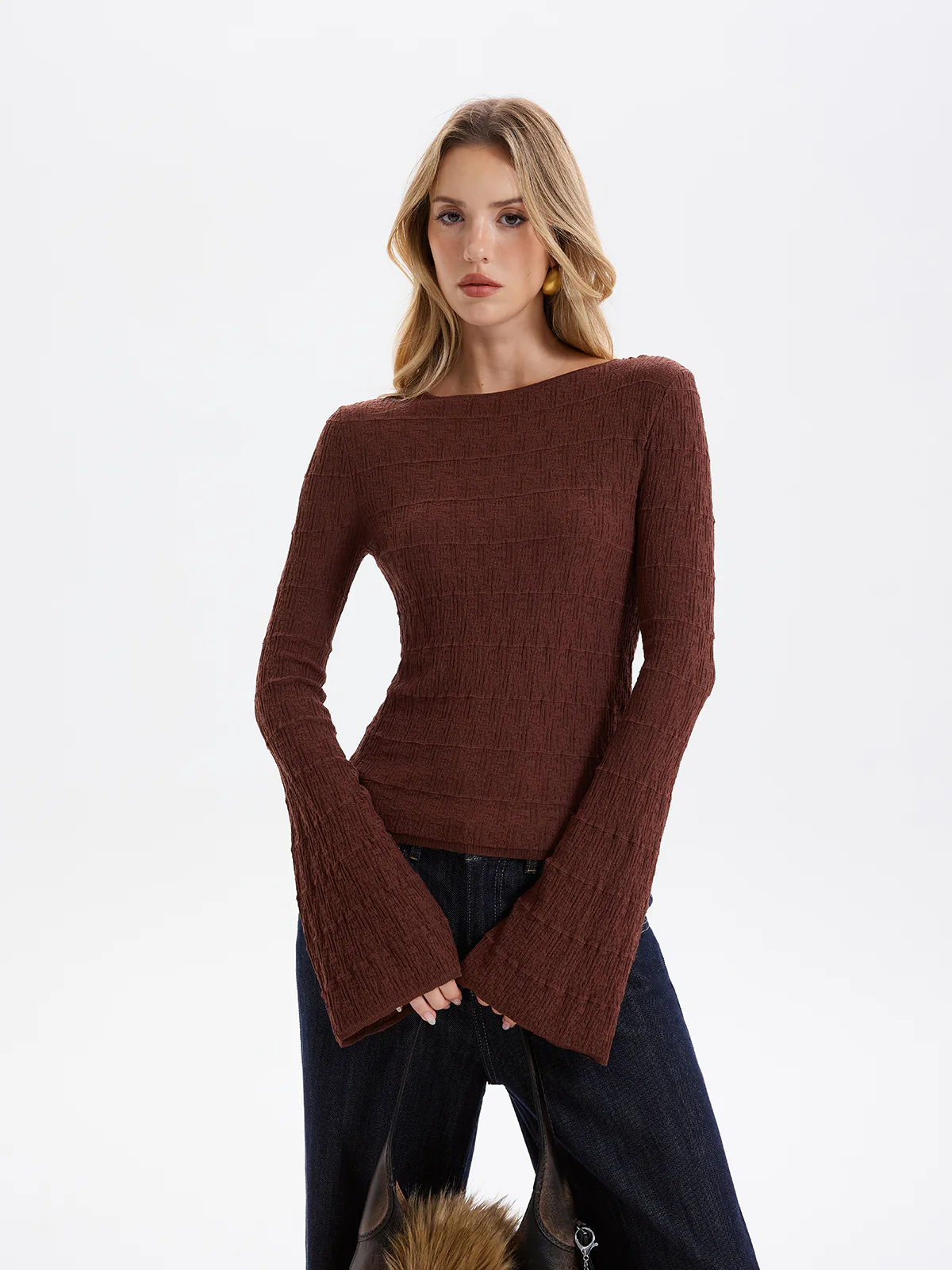 Flared Sleeve Textured Knit Pullover Top - Image 4