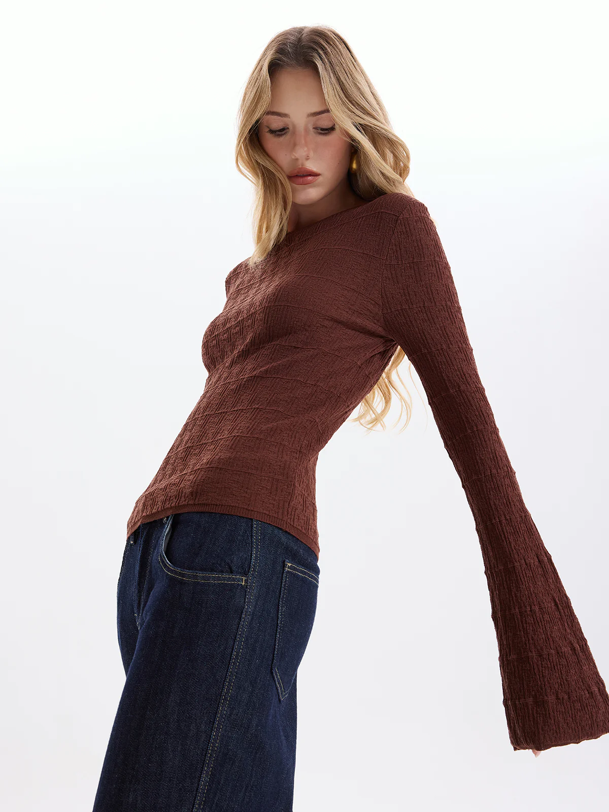 Flared Sleeve Textured Knit Pullover Top - Image 5