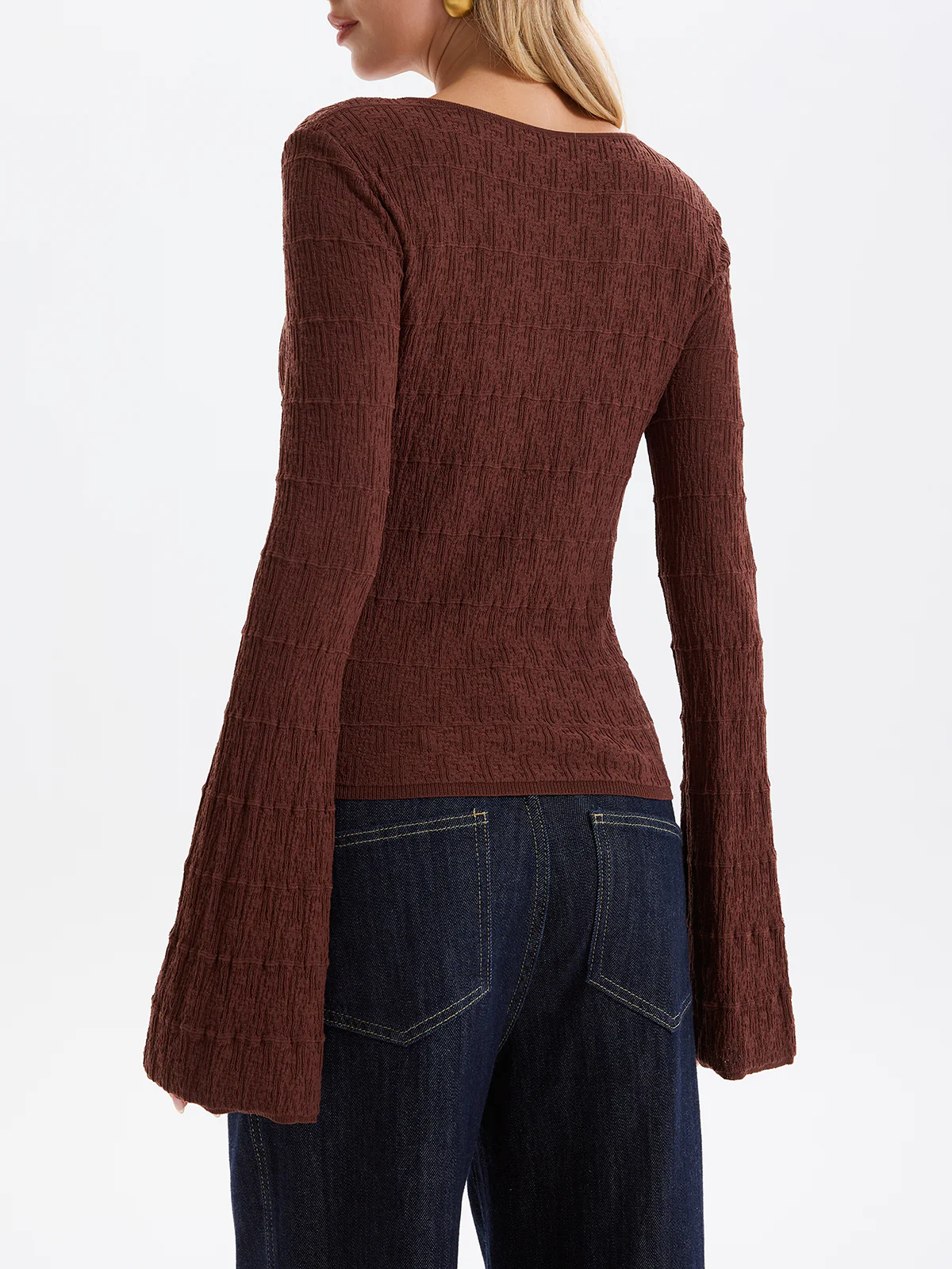 Flared Sleeve Textured Knit Pullover Top - Image 6