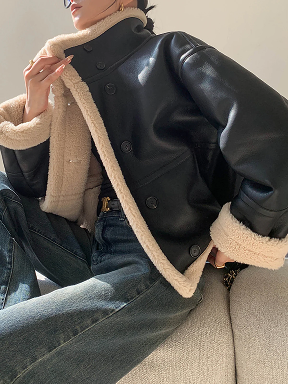 Fleece Lined Faux Leather Jacket - Image 4