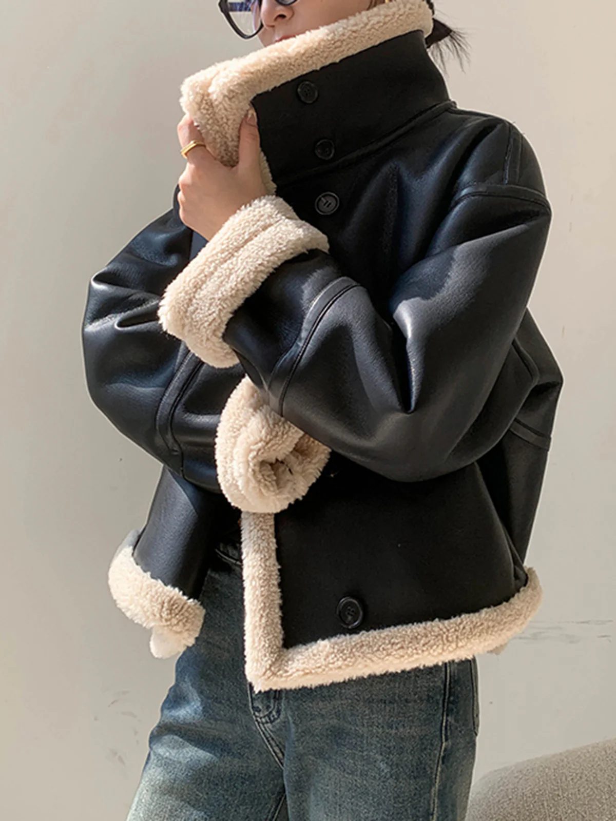 Fleece Lined Faux Leather Jacket - Image 7