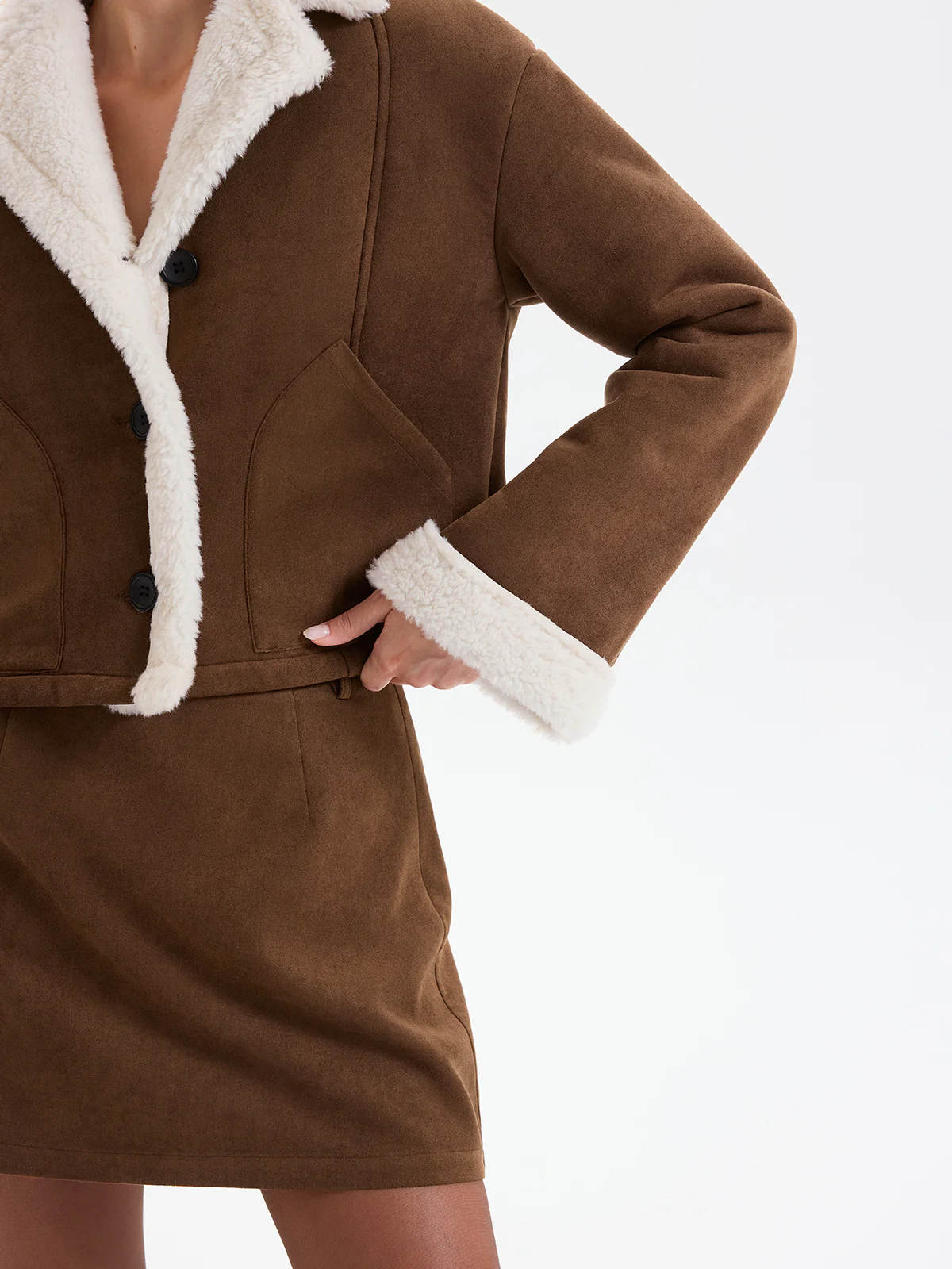 Fleece Lined Suede Effect Cropped Jacket - Image 2