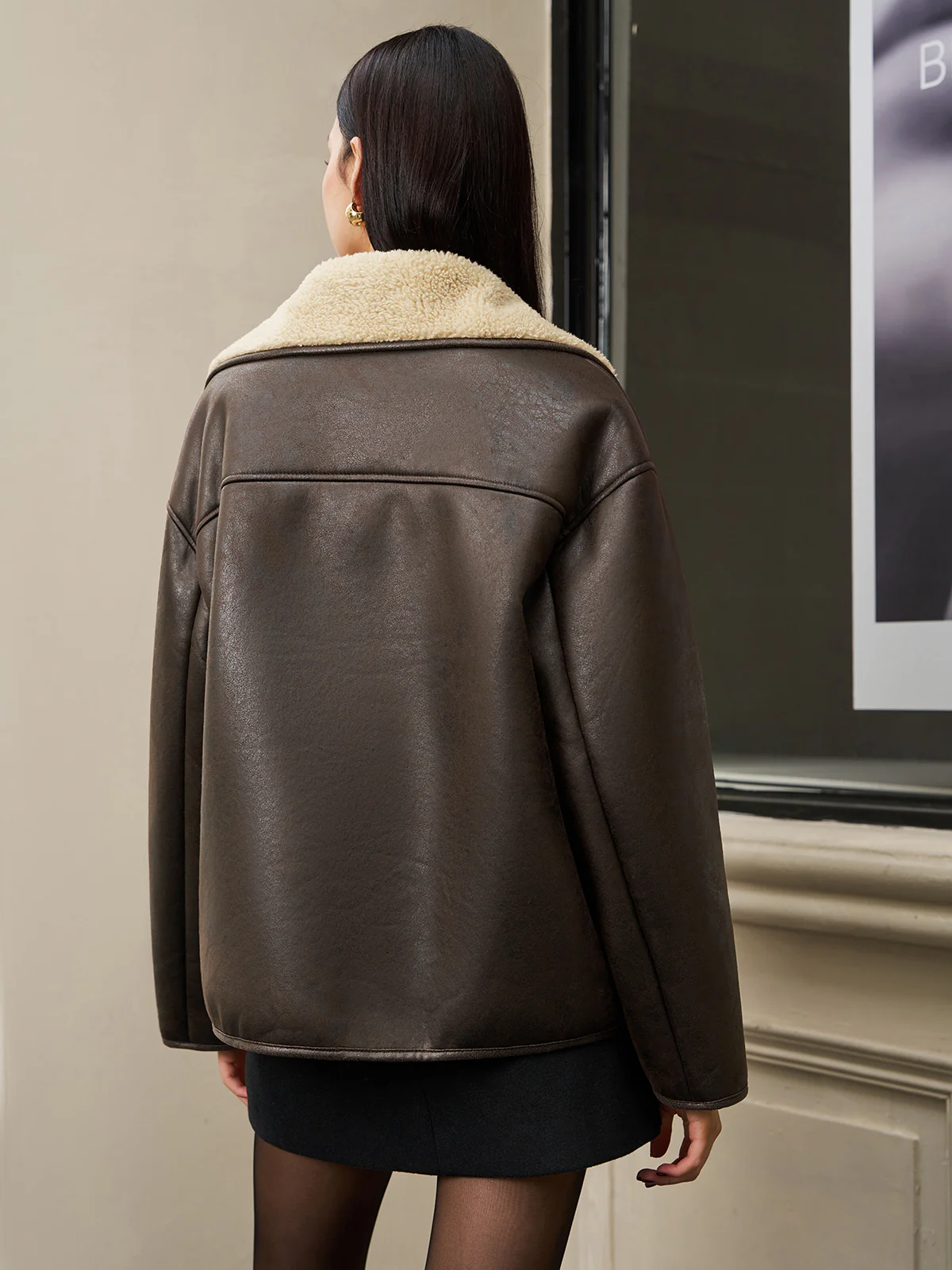 Fleecing Faux Leather Lapel Jacket - Image 2