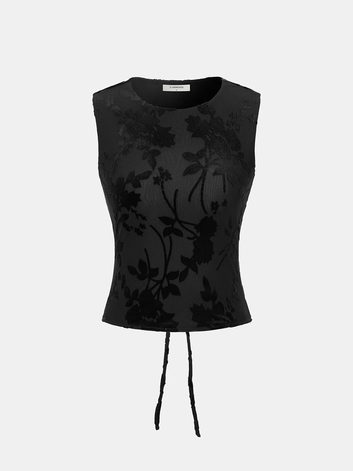Flocked Floral Tie-Back Mesh Sleeveless Top