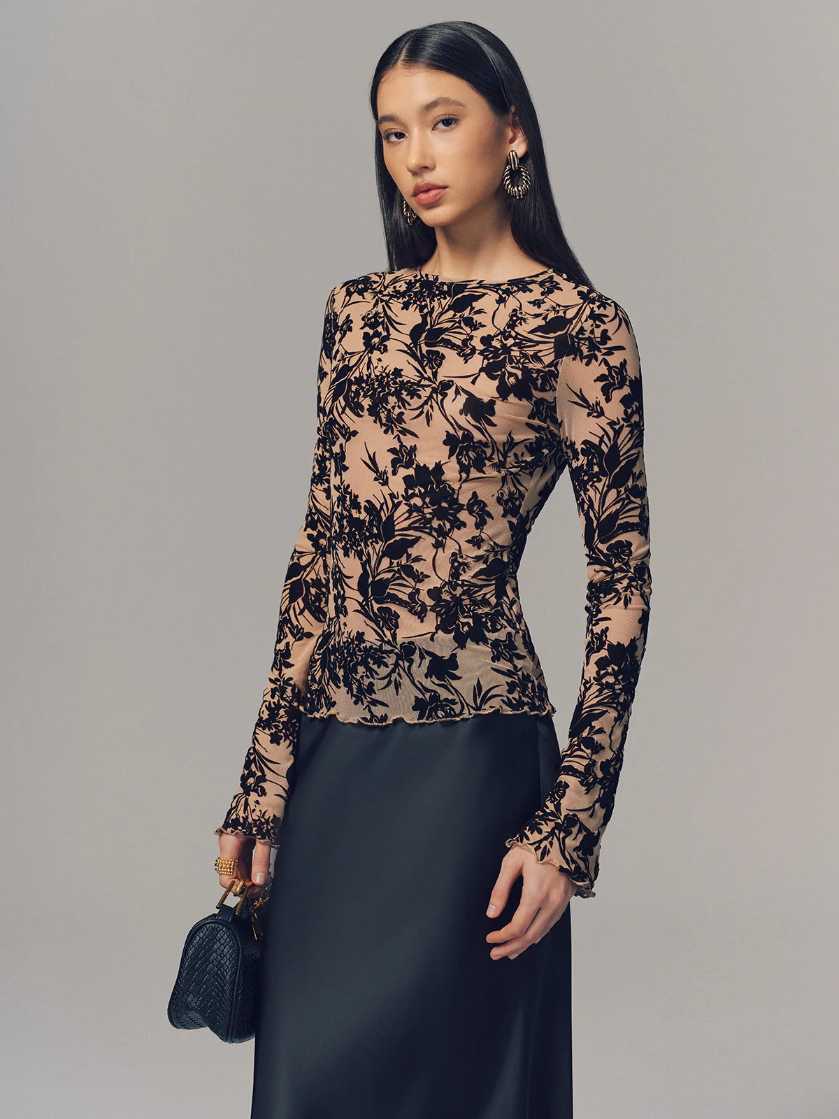 Flocked Sheer Mesh Long Sleeve Top - Image 3
