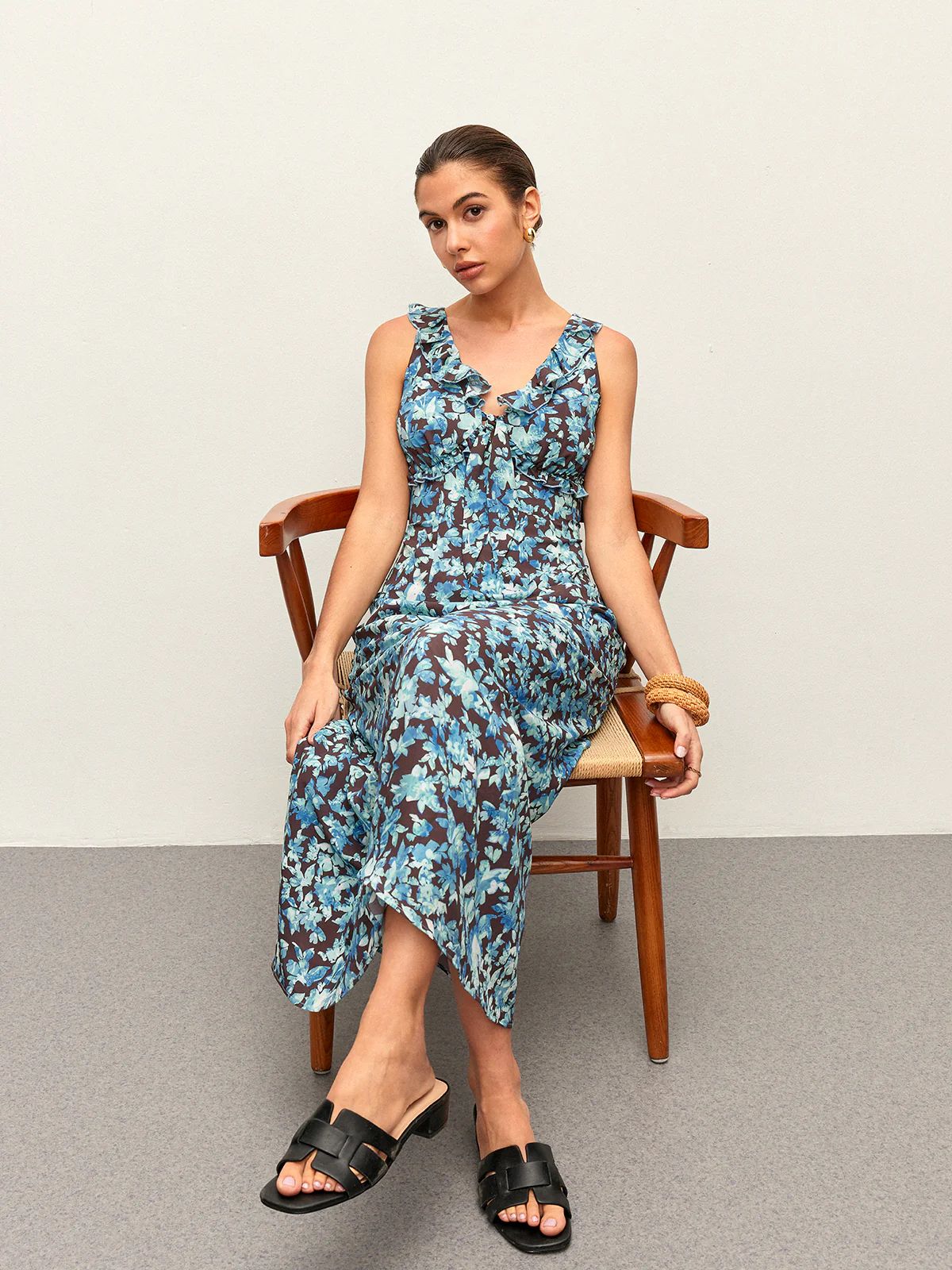 Floral Lettuce Trim V-Neck Zipper Dress - Image 3