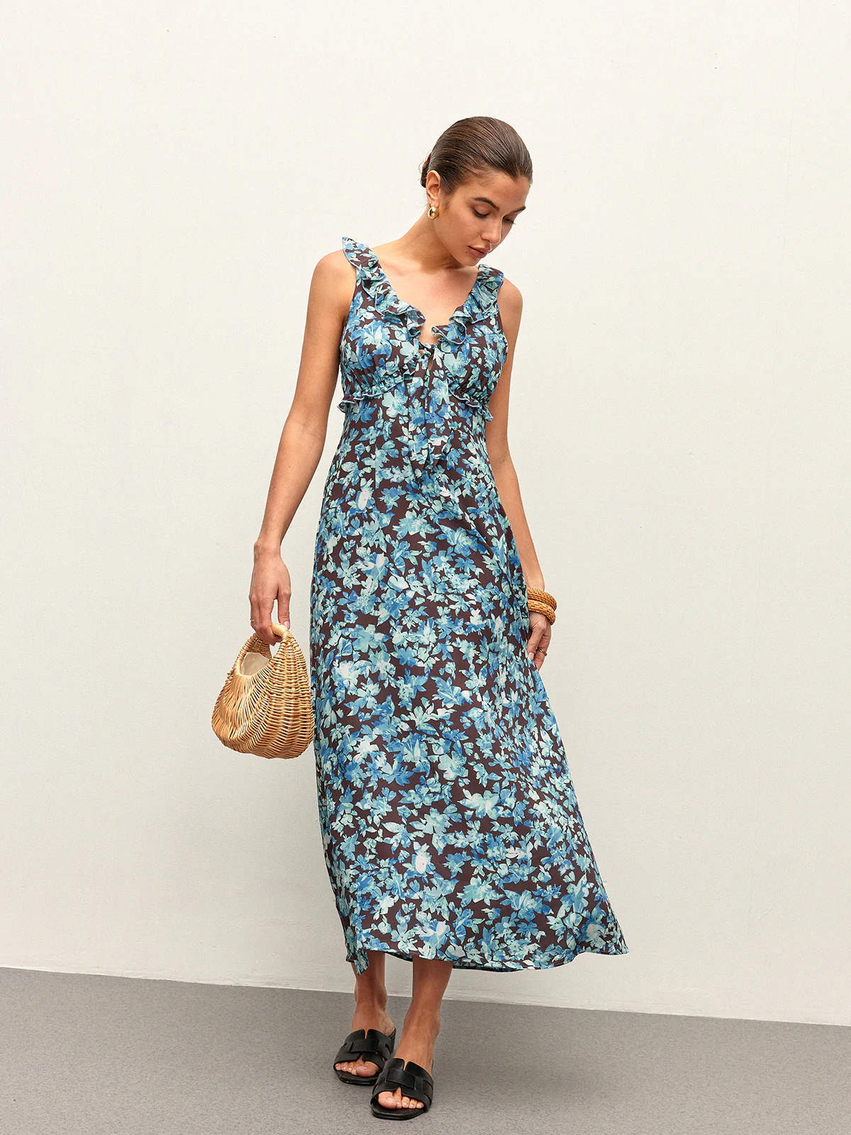 Floral Lettuce Trim V-Neck Zipper Dress - Image 4