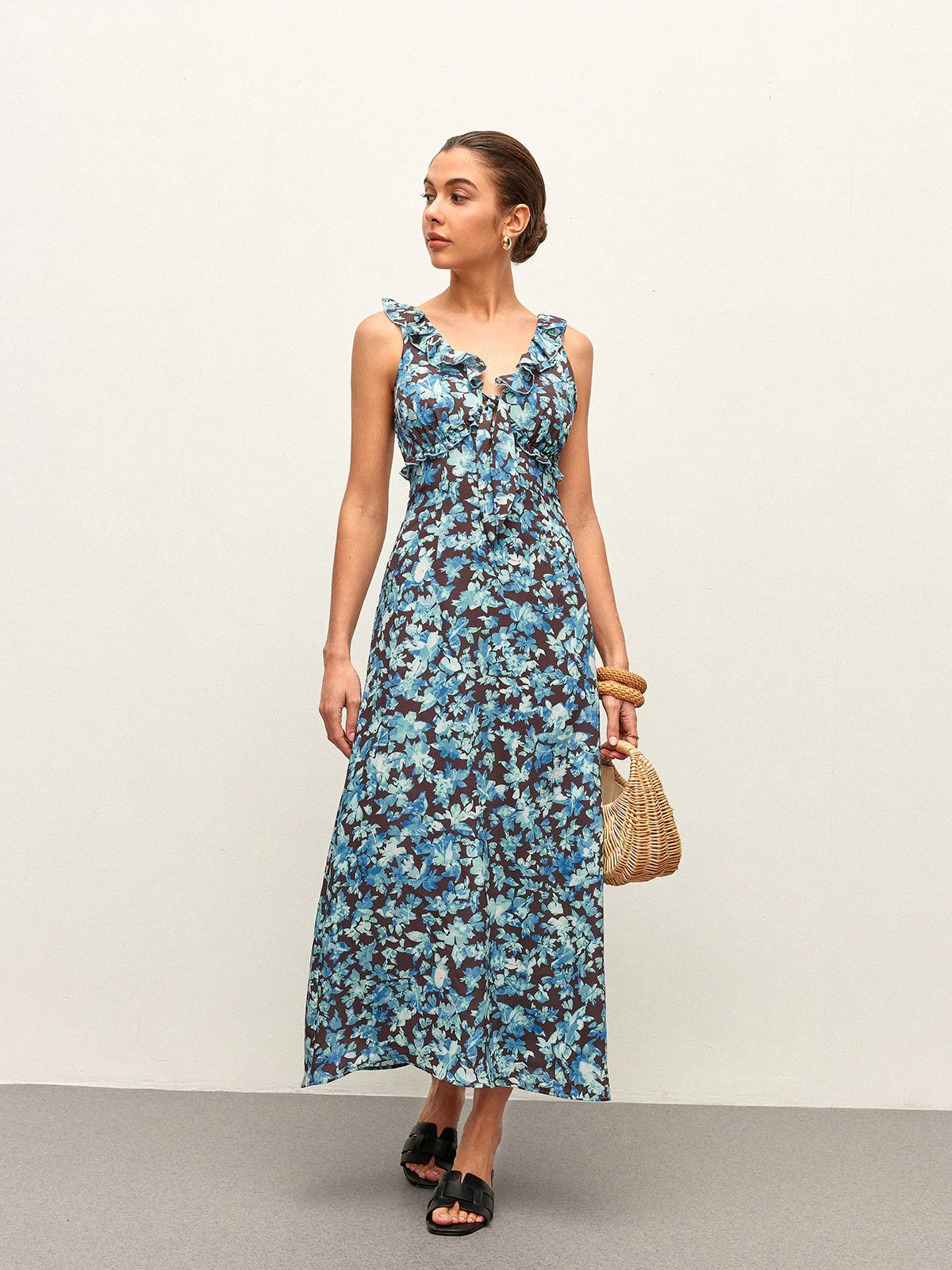 Floral Lettuce Trim V-Neck Zipper Dress - Image 5