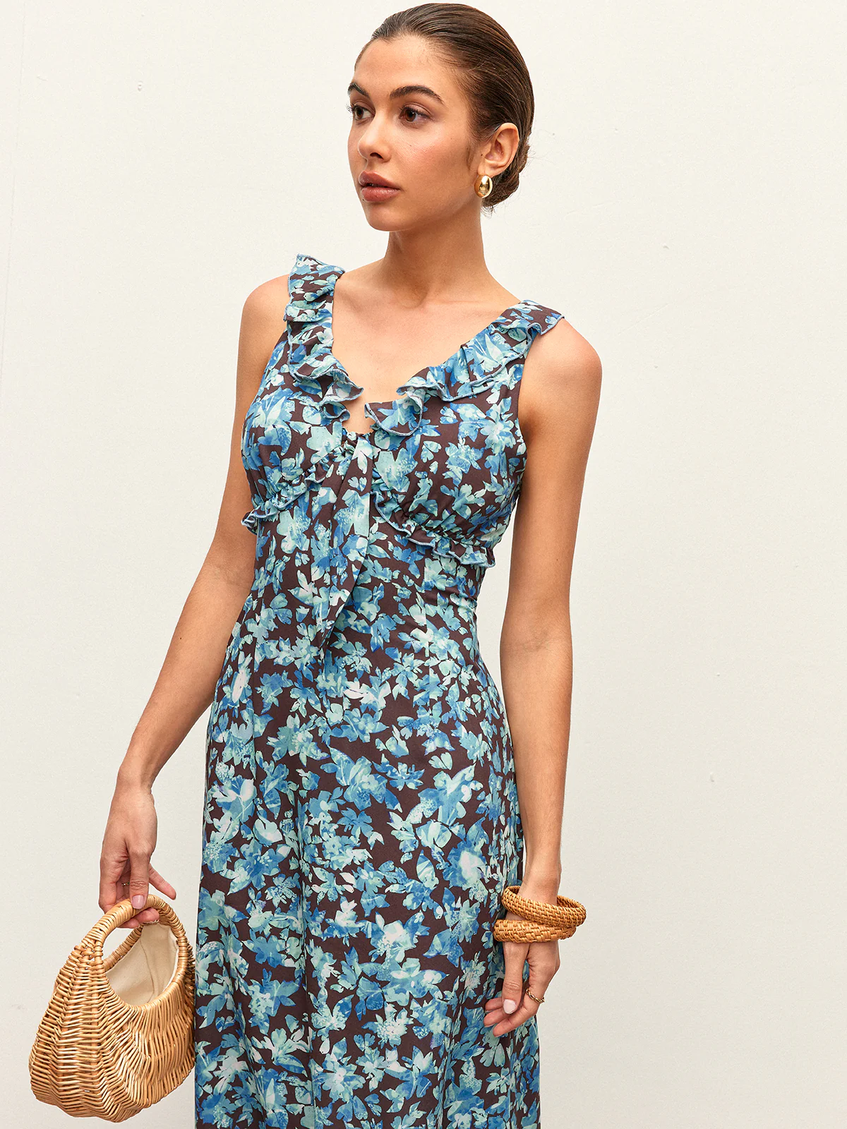 Floral Lettuce Trim V-Neck Zipper Dress - Image 6