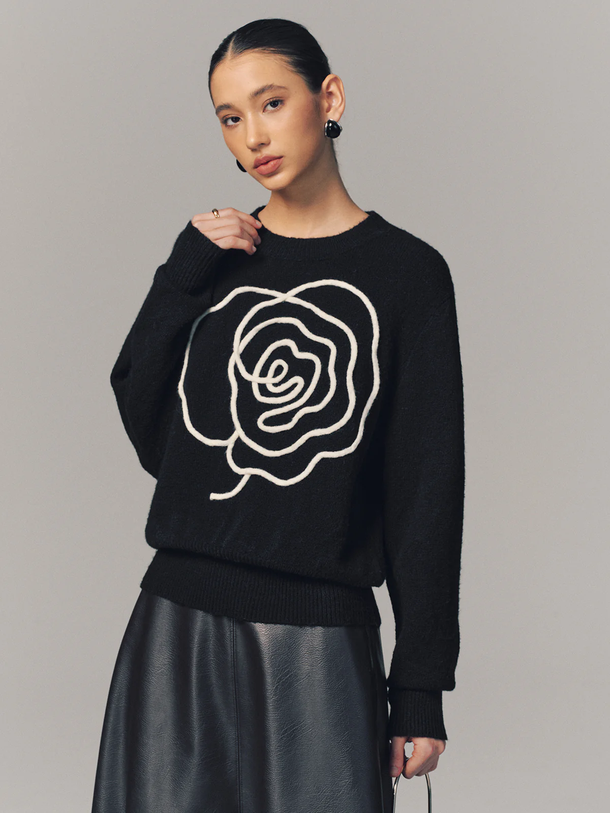 Floral Applique Crew Neck Sweater - Image 5