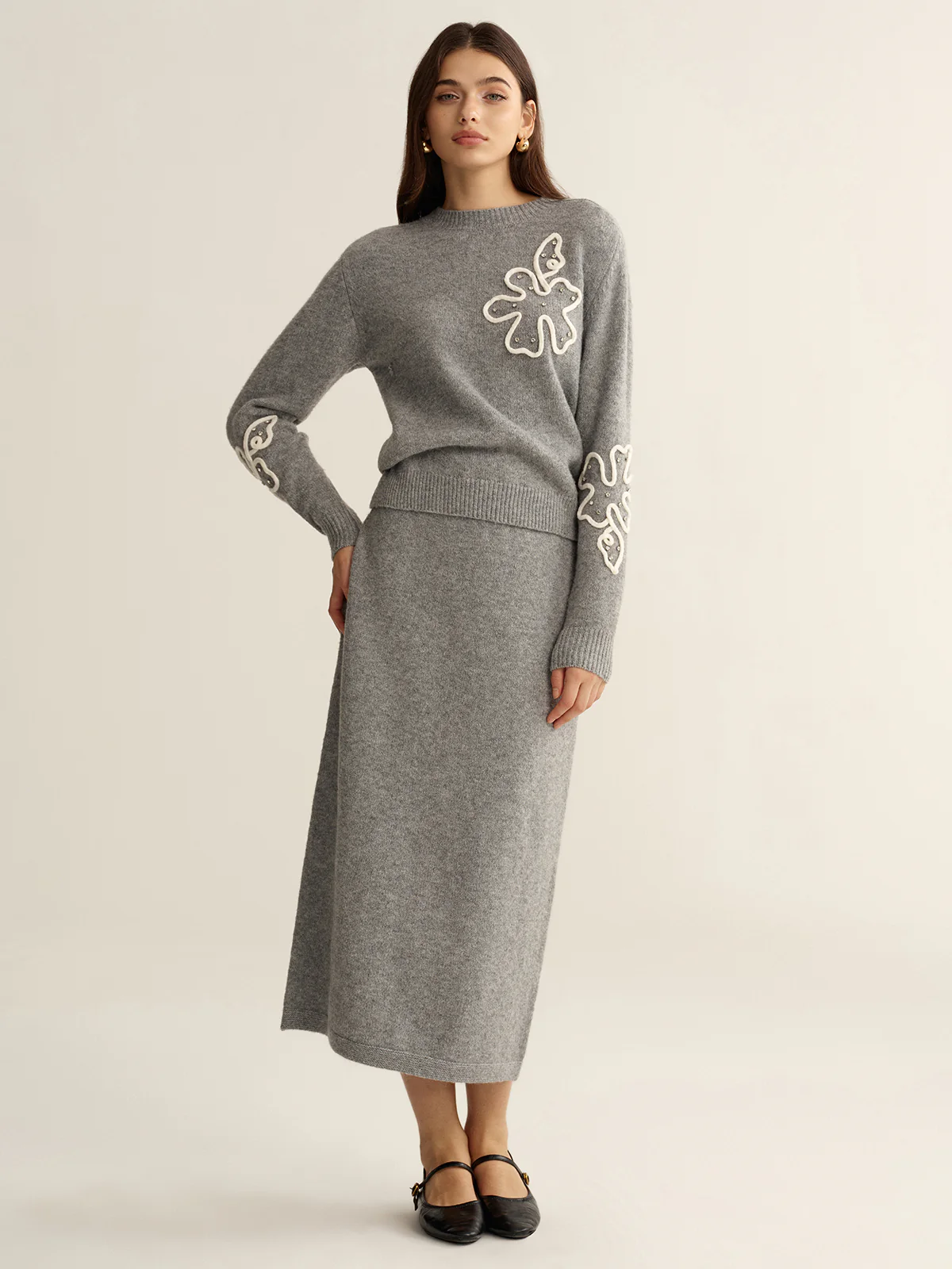 Floral Applique Sweater and Midi Skirt Set - Image 2