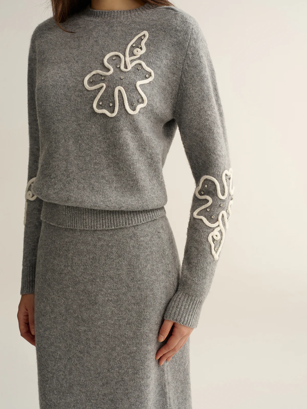 Floral Applique Sweater and Midi Skirt Set - Image 3