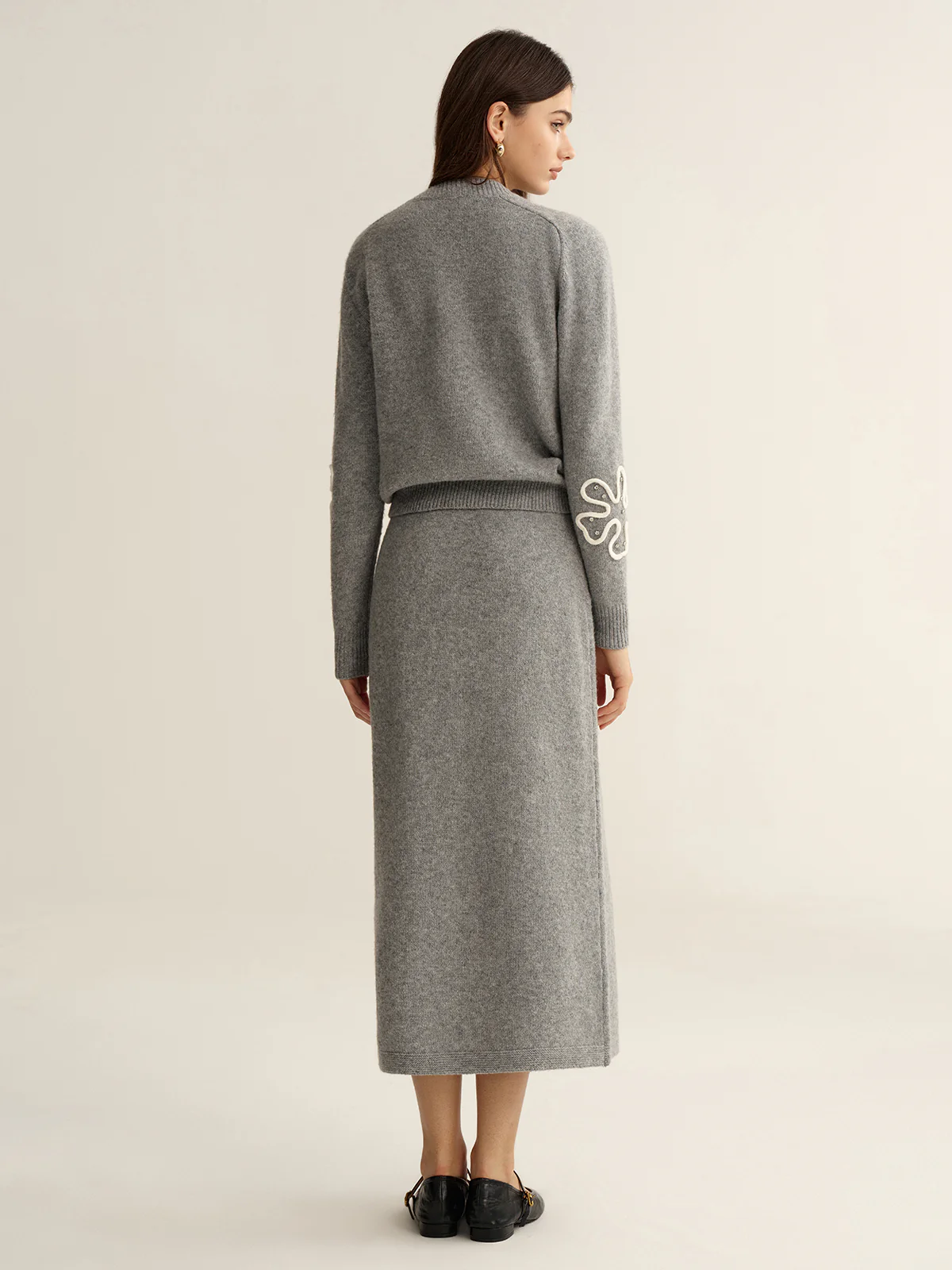 Floral Applique Sweater and Midi Skirt Set - Image 4
