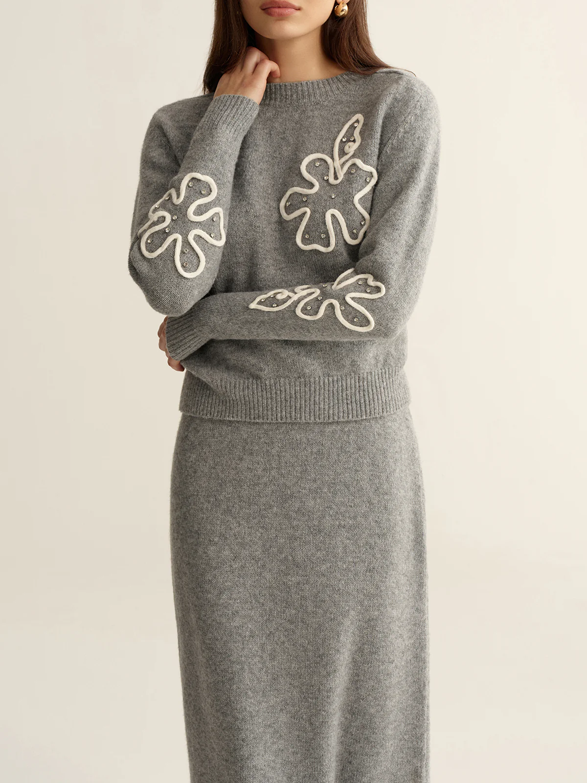 Floral Applique Sweater and Midi Skirt Set - Image 6